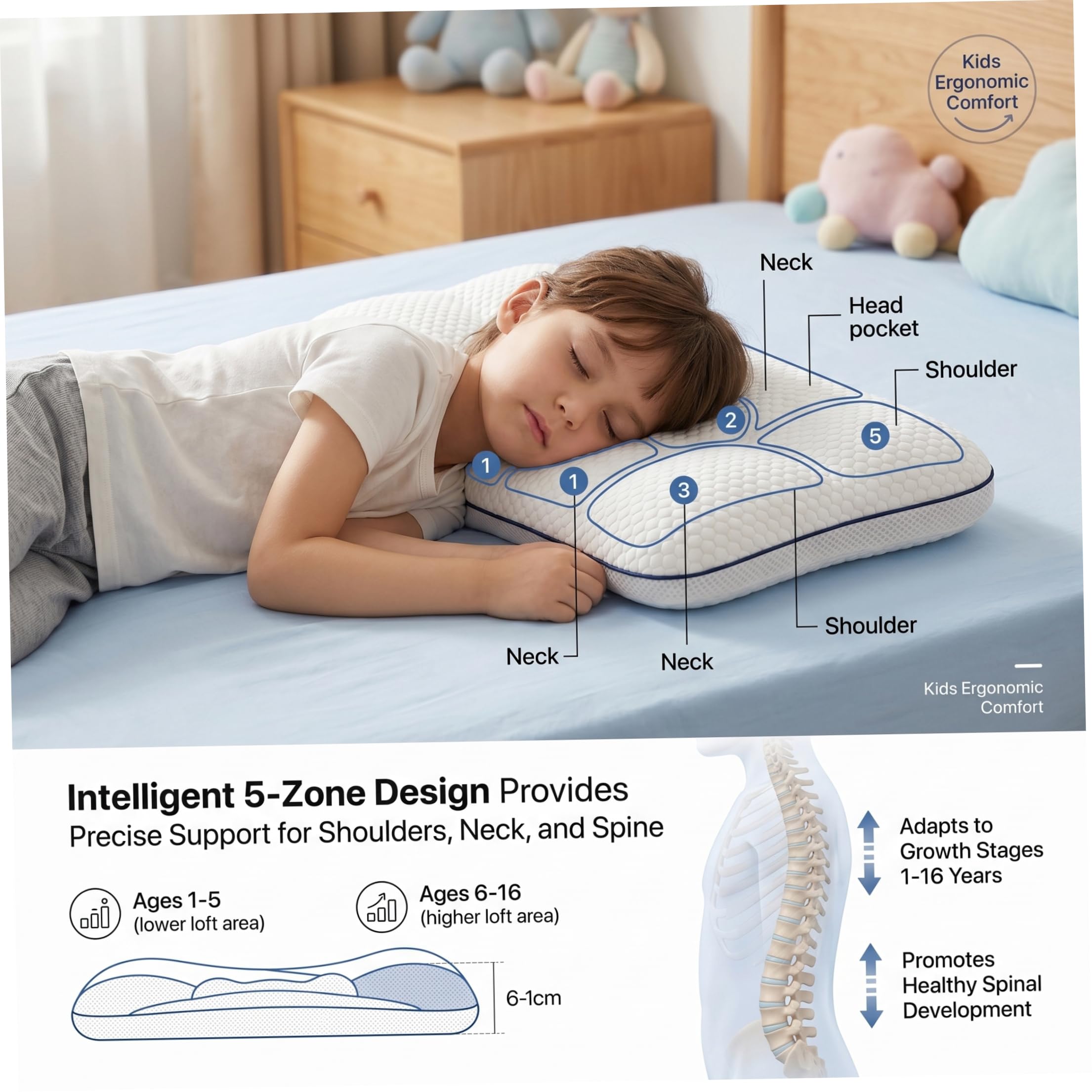 Cuscini per bambini, supporto a 5 zone, 2 cm, 1-3 anni, cuscino per bambini dai 3 anni