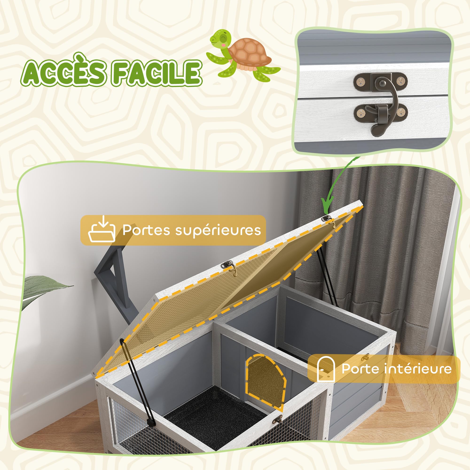 PawHut Enclos Tortue, Maison Tortue terrestre intérieur en Bois avec Support de Lampe, 2 Plateaux coulissants, Cage pour Tortue de Terre, Lapins et Petits Animaux - dim. 81 x 48 x 31,5 cm, Gris Clair