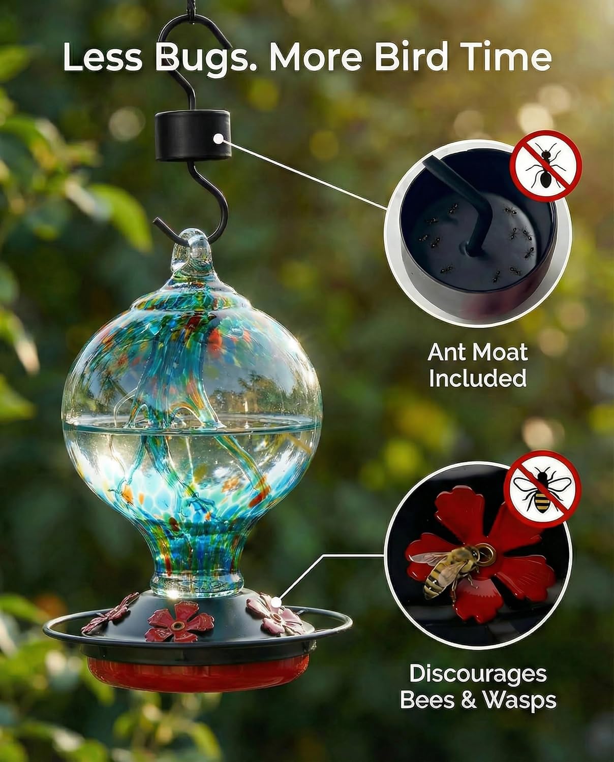 Hummingbird Feeder for Outdoors Hanging, 34 Oz, Hand Blown Inner Glass Uniqe Gift for Garden Lover Women, Ant Moat & Bee-Resistant Ports, Hook & Brush Included, Rainforest Blue