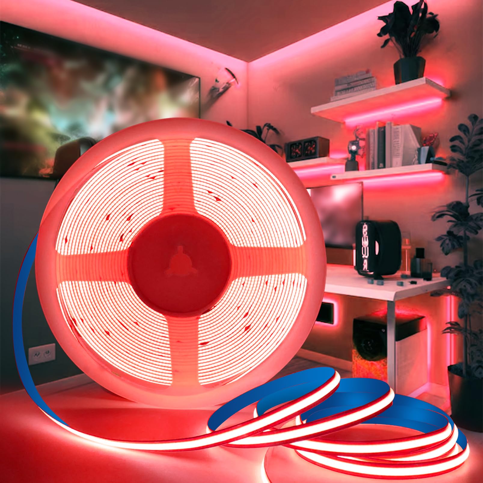 KSIBNW COB LED Streifen 10M, Selbstklebend 24V LED Strip Rot Licht Band 8mm Breite CRI90+ 320LEDs/m Flexibel Strip Lights für Home Dekoration, Zimmer, Party, Schlafzimmer, Ohne Netzteil