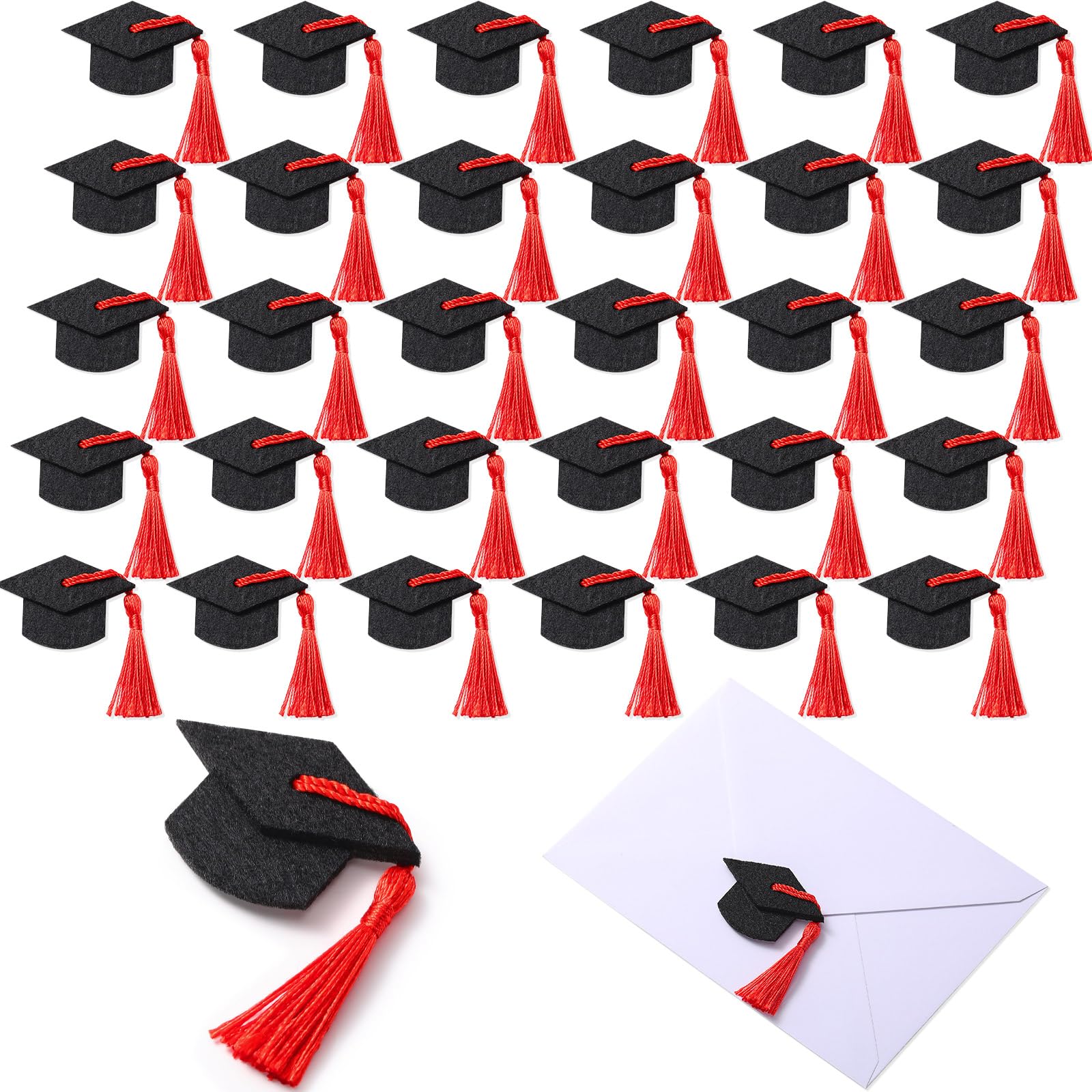 30pcs Graduation Cap Stickers Black Felt Hat with Tassel Sealing Labels Grad Party Favor Stickers for Envelopes College High School Graduation Party Supplies (Red)