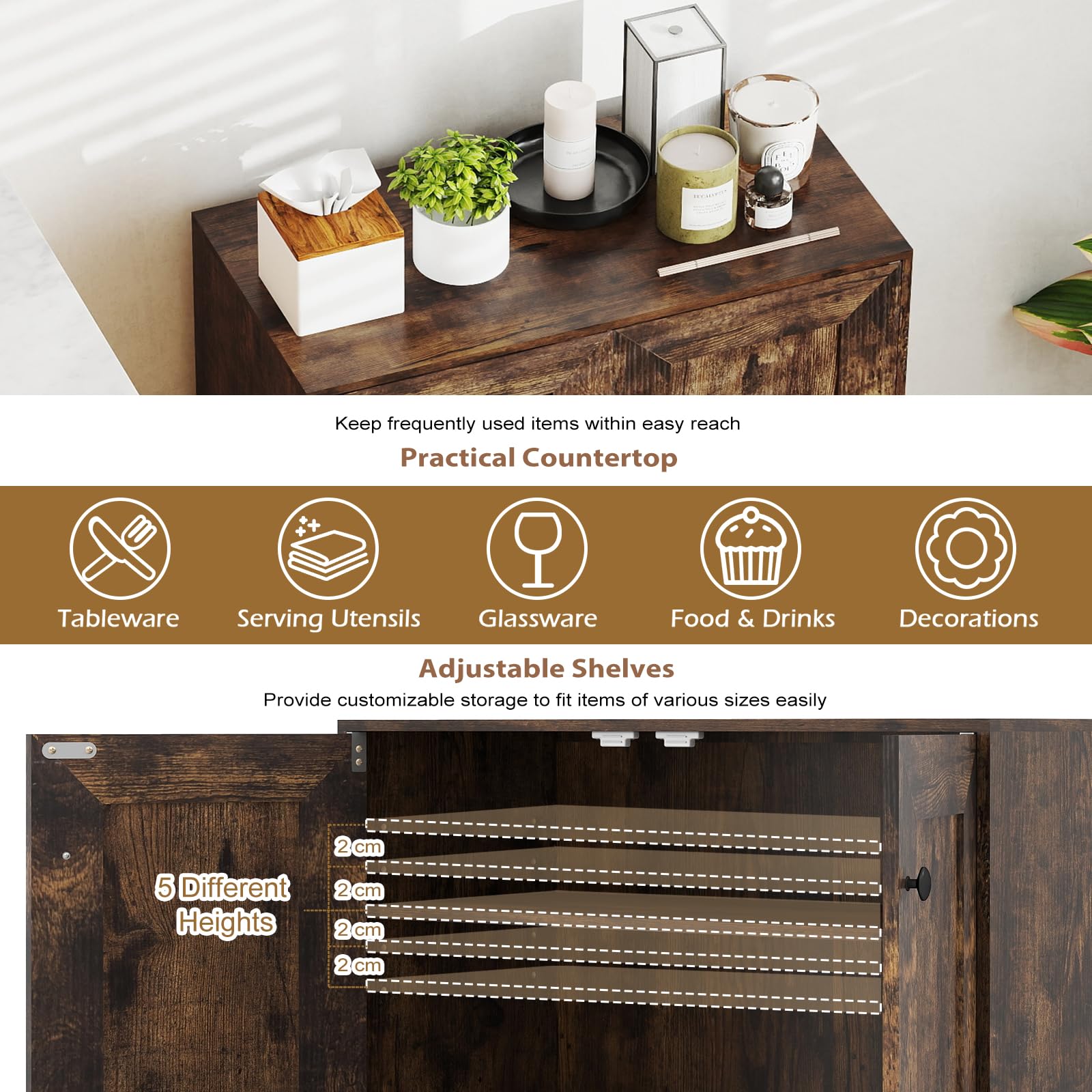 KOMFOTTEU Credenza Cucina con 2 Ante, Mobile Cucina Dispensa con 2 Ripiani Regolabili e Kit Antiribaltamento, Mobiletto per Soggiorno, Sala da Pranzo, Camera da Letto, Ingresso, 60x30x80cm (Marrone)