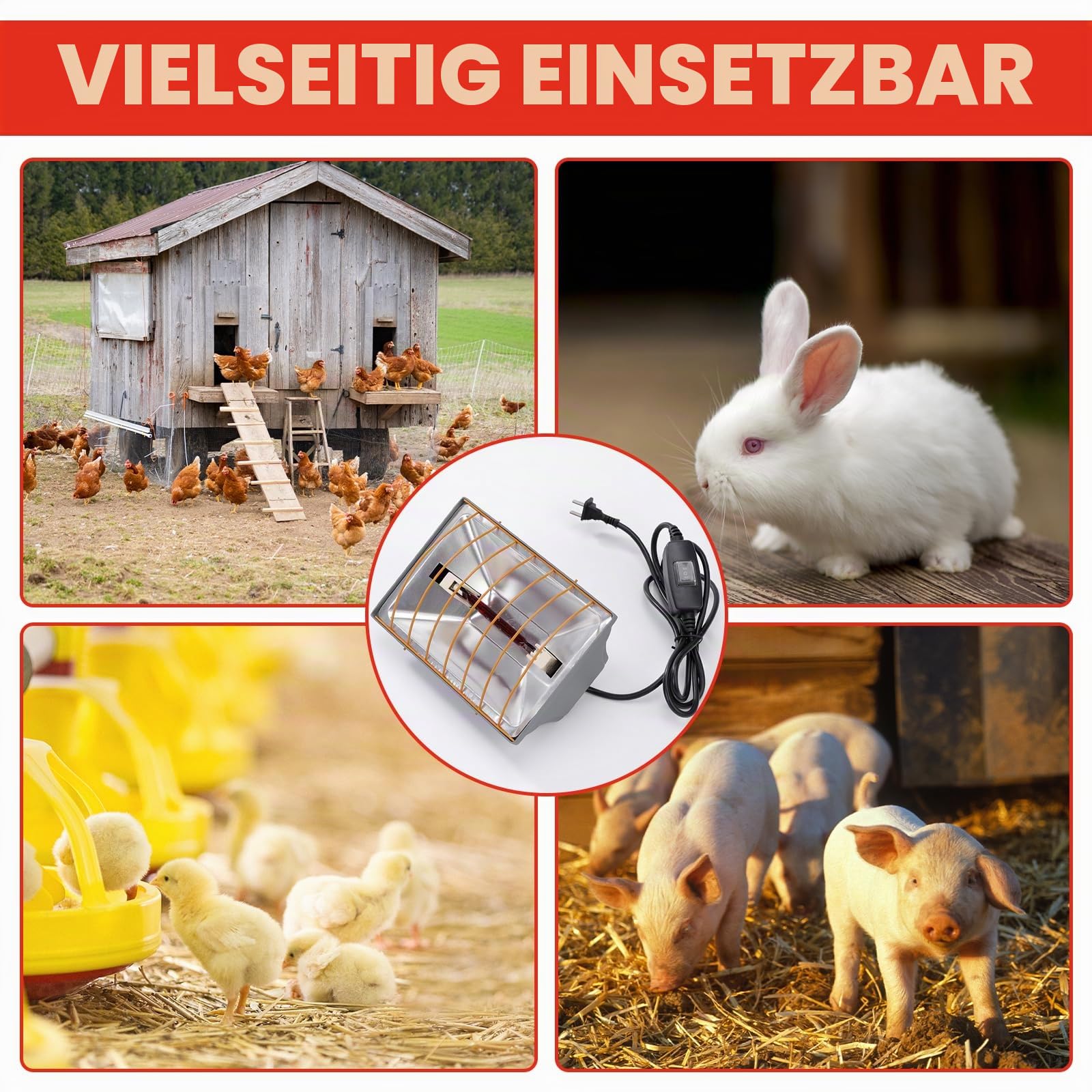 Rotlichtlampe Wärmelampe für Küken, 175 W Wärmelampe für Hühner, Heizlampe Hühnerstall, Heizplatte Lampenwärmer, Automatische Thermostatisch Infrarotlampe für Hühner, Enten, Welpen, Vieh, Ferkel