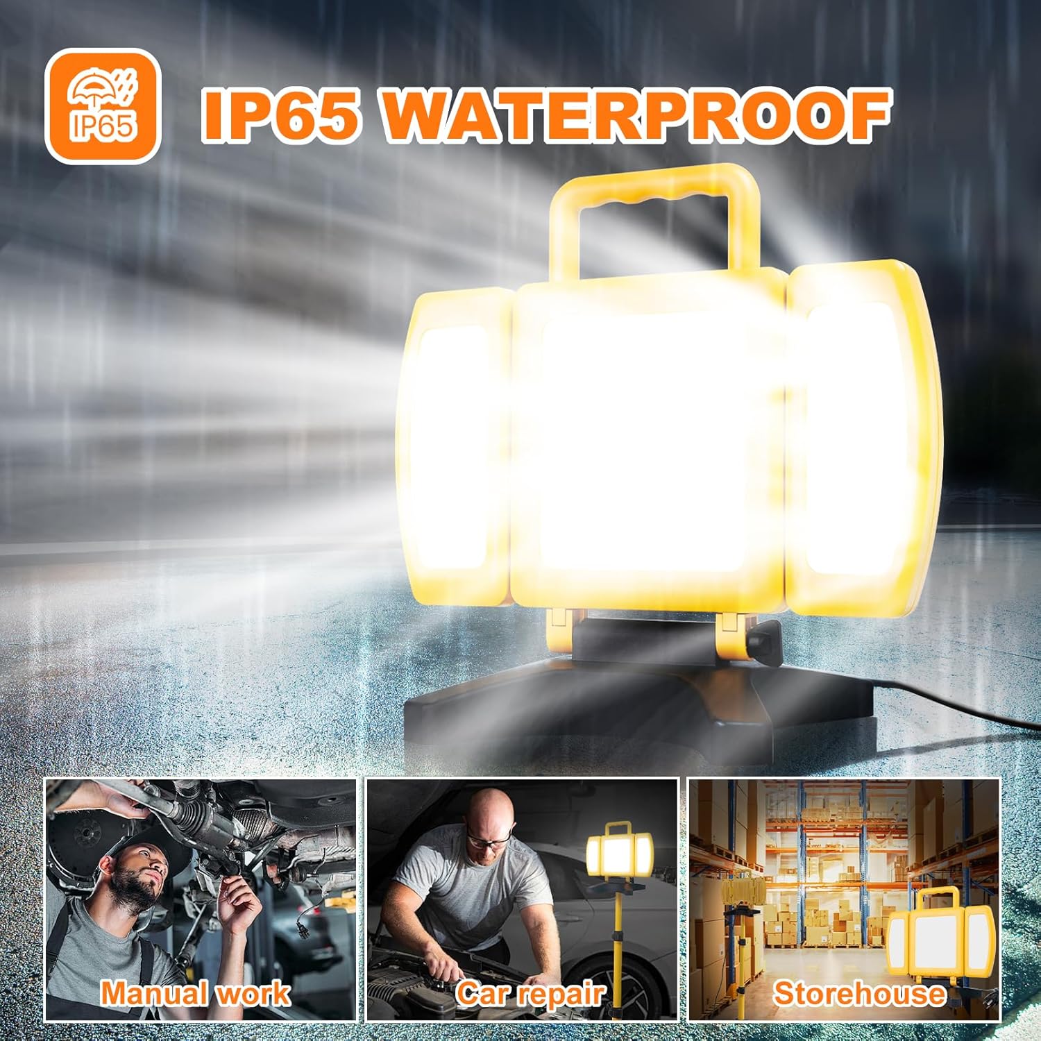 LED Work Light with Stand, 3 Adjustable Head Work Light with Adjustable and Foldable Tripod Stand, Waterproof Rotating Job Site Light for Indoor Outdoor Portable Lighting