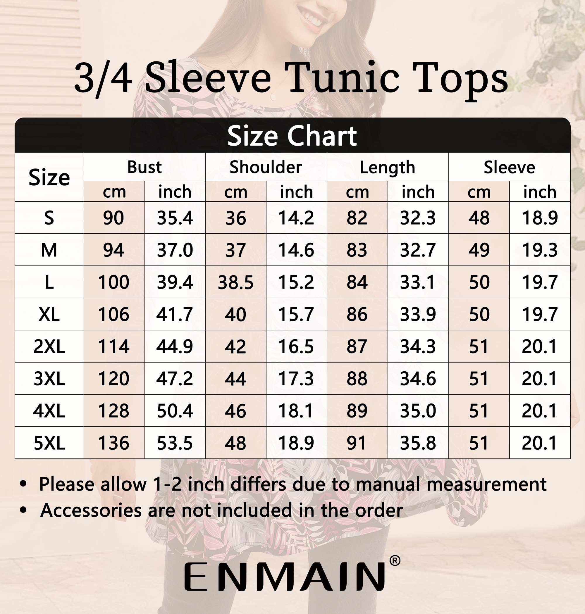Enmain Damskie tuniki topy 3/4 z długim rękawem na co dzień damskie tuniki luźne długie bluzki koszule okrągły dekolt rozciągliwe wygodne S-5XL