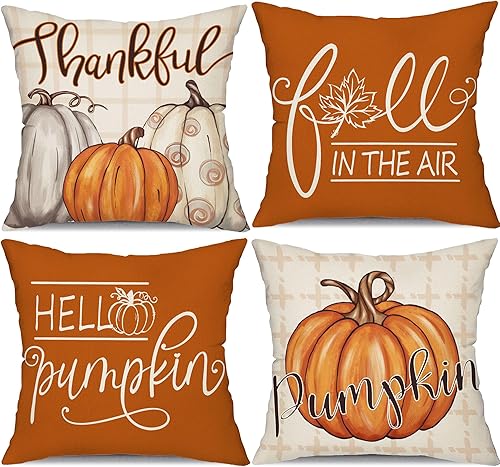 Miniatura 7 de DFXSZ Fundas de almohada de otoño de 20 x 20 pulgadas, juego de 4 fundas de almohada de otoño con diseño de calabaza de otoño para decoración de
