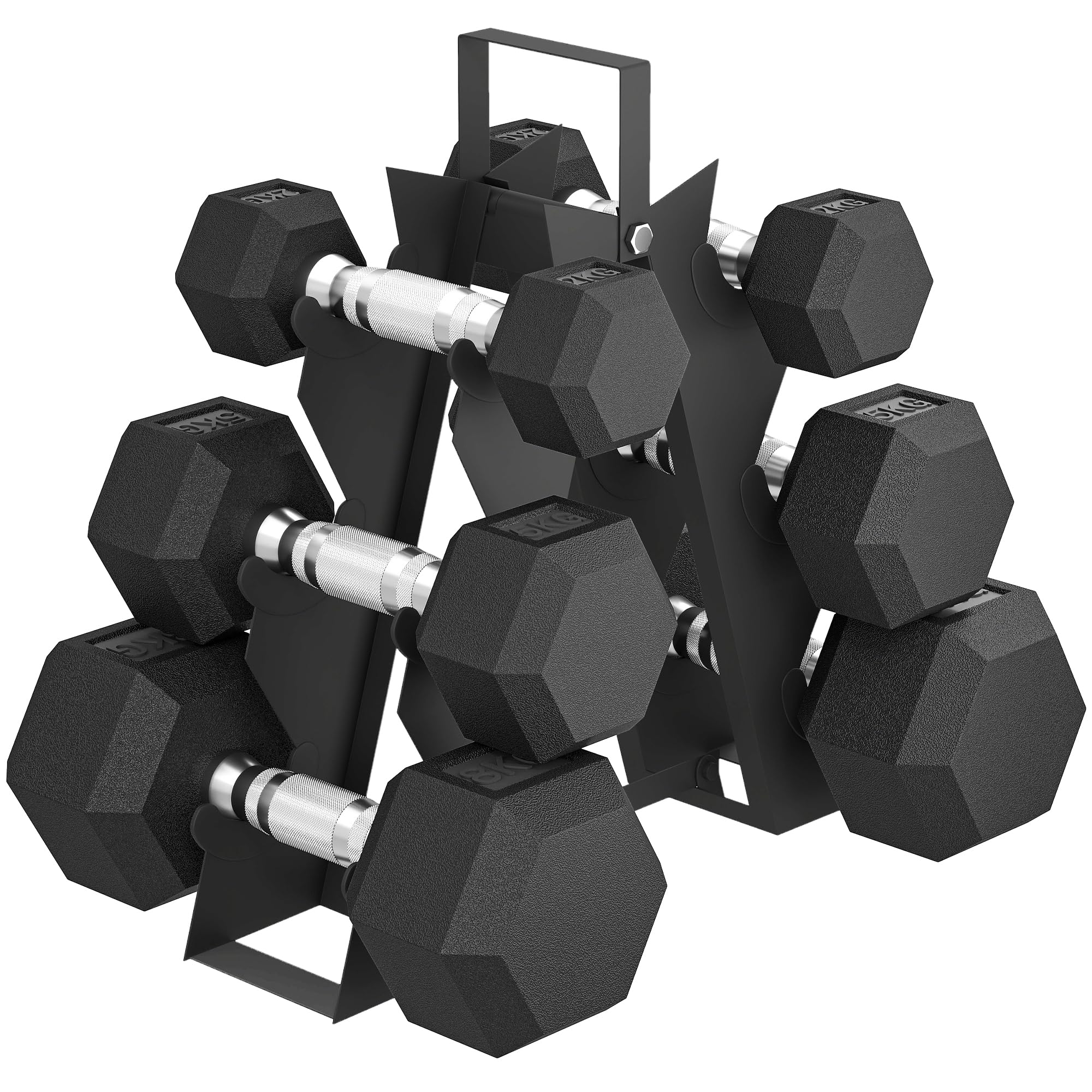 SPORTNOW Set di Manubri Palestra con Supporto, Peso Totale 30kg/36kg, Pesi Palestra Esagonali in Metallo con Impugnatura Antiscivolo, Allenamento Forza Fitness Casa, Nero