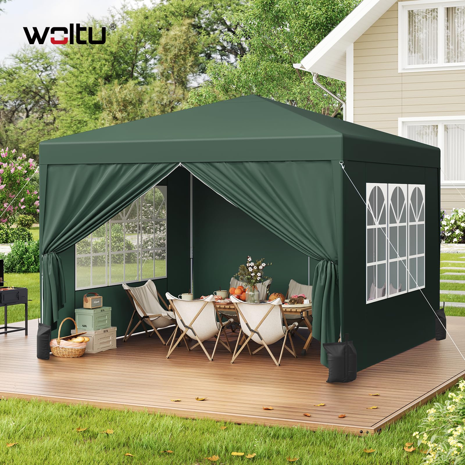 WOLTU Gazebo da Giardino Tendone 3x3m Pop up con sacchi di sabbia Verde | UPF 50+ UV, impermeabile, altezza regolabile, stabile, con borsa trasporto, Giardino