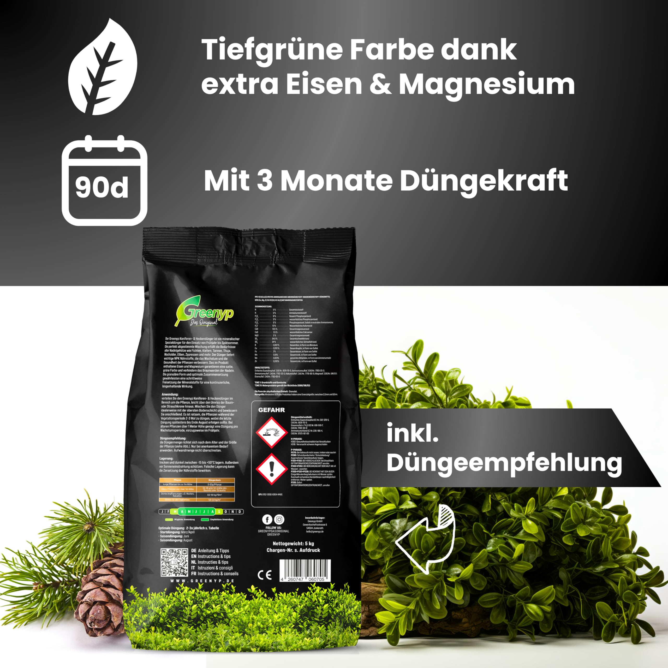 Greenyp Universal Heckendünger I 10kg für 300m² I für alle Bäume, Sträucher & Hecken I Koniferen Langzeitdünger mit Eisen + Magnesium und 3 Monate Düngekraft I Schnelles Wachstum Neuanpflanzungen