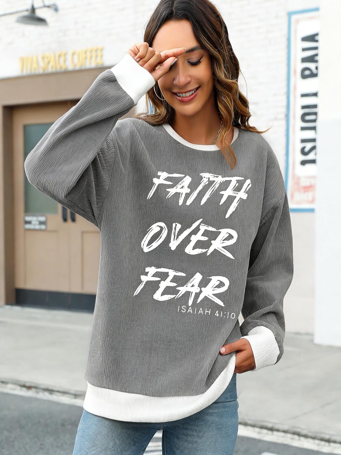 Christian Sweatshirt Women Faith Over Fear Shirt Christian Religious Sayings Sweatshirts Long Sleeve Pullover Tops - Image 3