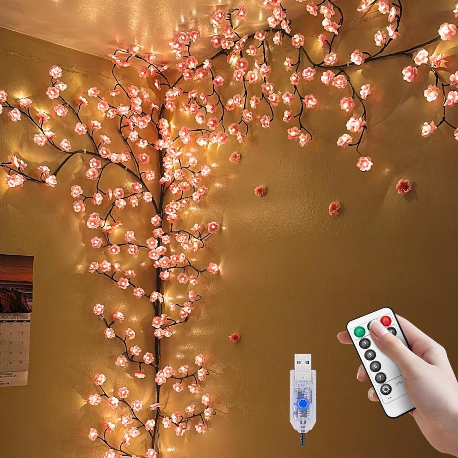 Cherry Blossom Lights for Room Decor Aesthetic,7.55 FT DIY Pink Cherry Blossom Wall Decor with 144 LED Flower Lights,Remote Timer,8 Lighting Modes,Blossom Tree Branch Lights,Vine Lights for Bedroom