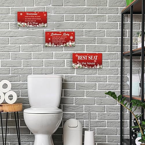 Miniatura 7 de 3 piezas de decoración de Navidad para baño, decoración de invierno de madera roja con reglas de baño, accesorios de nieve de Navidad para el hogar,