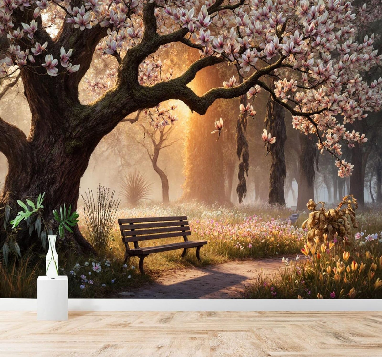 Xlming 250Cm×170Cm(B×H) Cherry Blossom Tree Park Bench Sunrise Grass 3D Wallpaper Silky Texture Home Study Office Grey Dining Room Sofa Bedroom Living Room Tv Backdrop-250Cm×170Cm