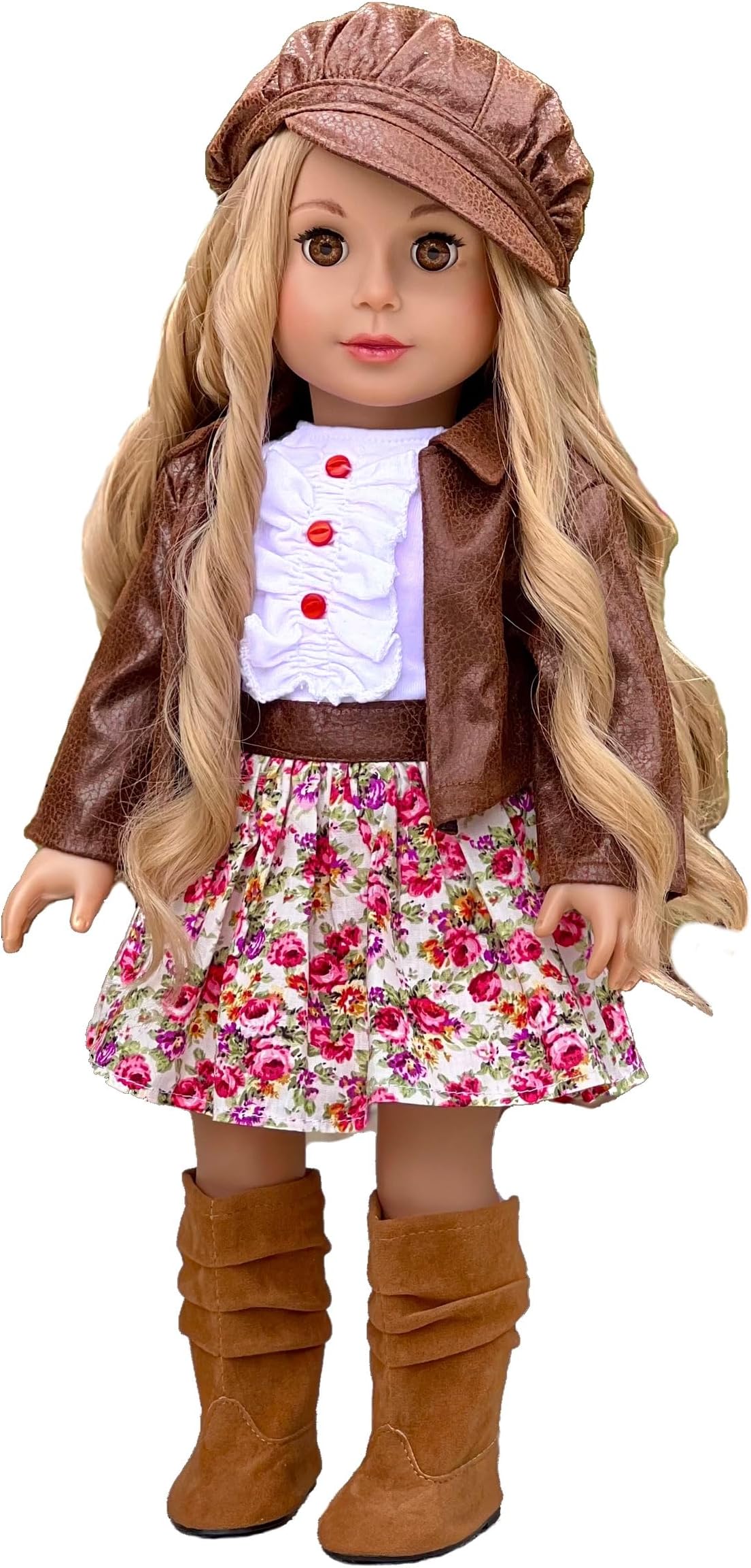 DreamWorld Collections - Urban Explorer - Clothes Fits 18 Inch Doll - Brown Motorcycle Jacket with Paperboy Hat, Dress and Boots - (Doll not Included)