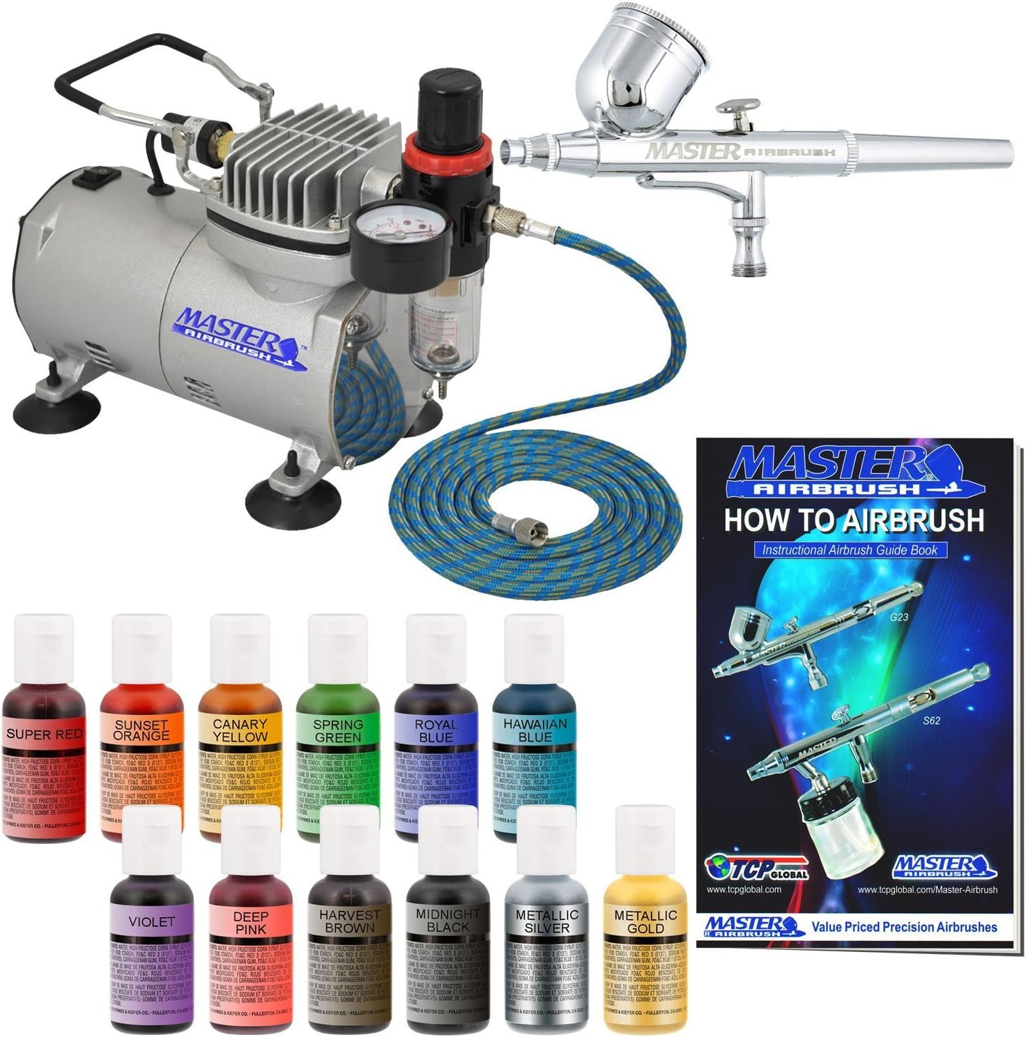 Master Airbrush Cake Airbrush Decorating Kit with Compressor Dual Fan - Gravity Feed Air Brush for Cake Decoration & 12-Color Edible Air Brush Paint for Cakes, Cookies & Cupcakes, Hose, How to Manual