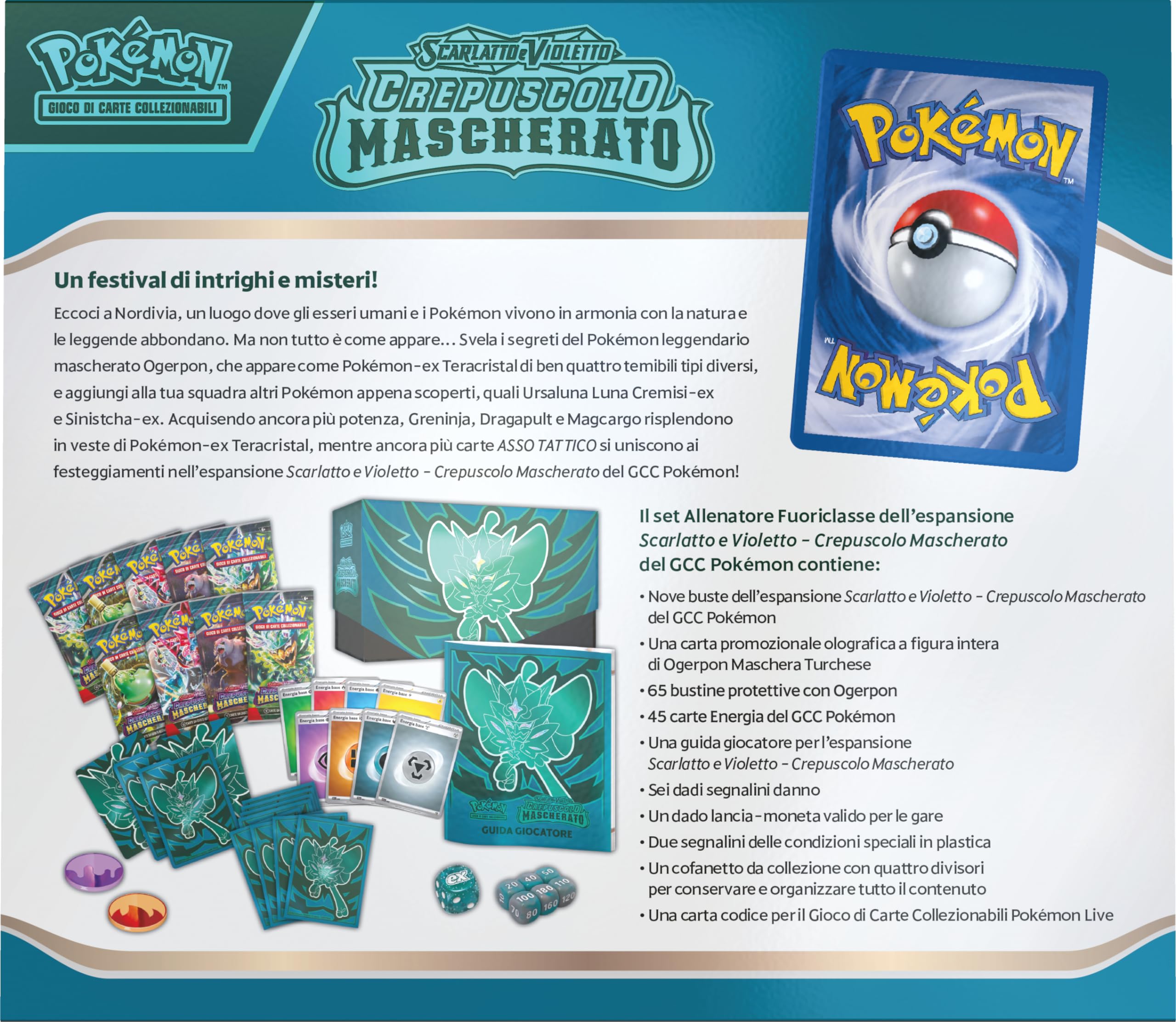 Set Allenatore Fuoriclasse dell’espans. Scarlatto e Violetto - Crepuscolo Mascherato del GCC Pokémon (1 carta promoz. di Ogerpon Maschera Turchese, 9 buste di espans. e accessori premium), italiano