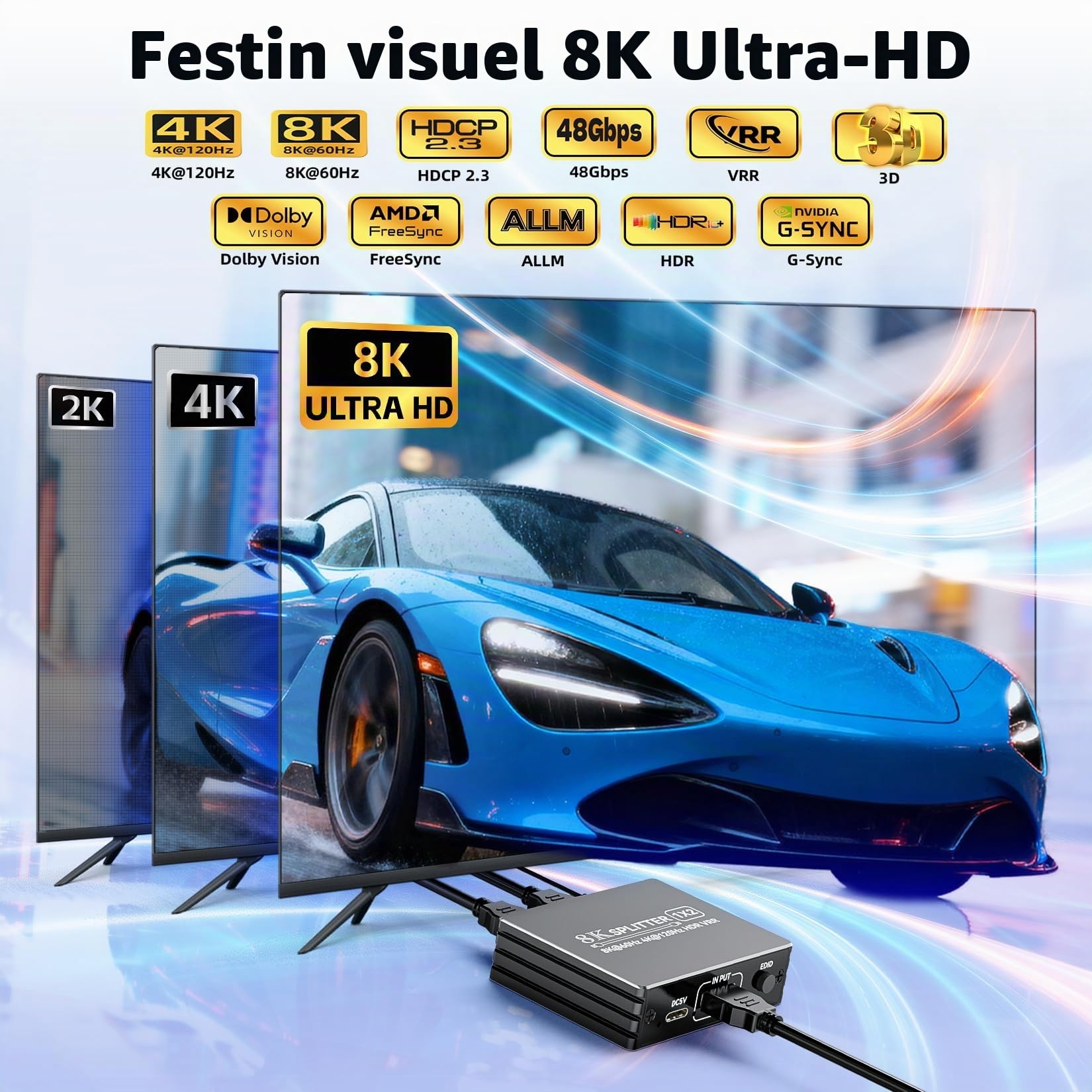 BolAAzuL Splitter HDMI 2 Sorties 1 Entrée, Répartiteur HDMI 2.1 4K 120Hz Repartiteur 8K 60Hz 1x2 avec Audio, Splitters pour Dual Moniteurs HDCP 2.3 HDR EDID Latence Zéro pour PS5/Xbox/PC/TV