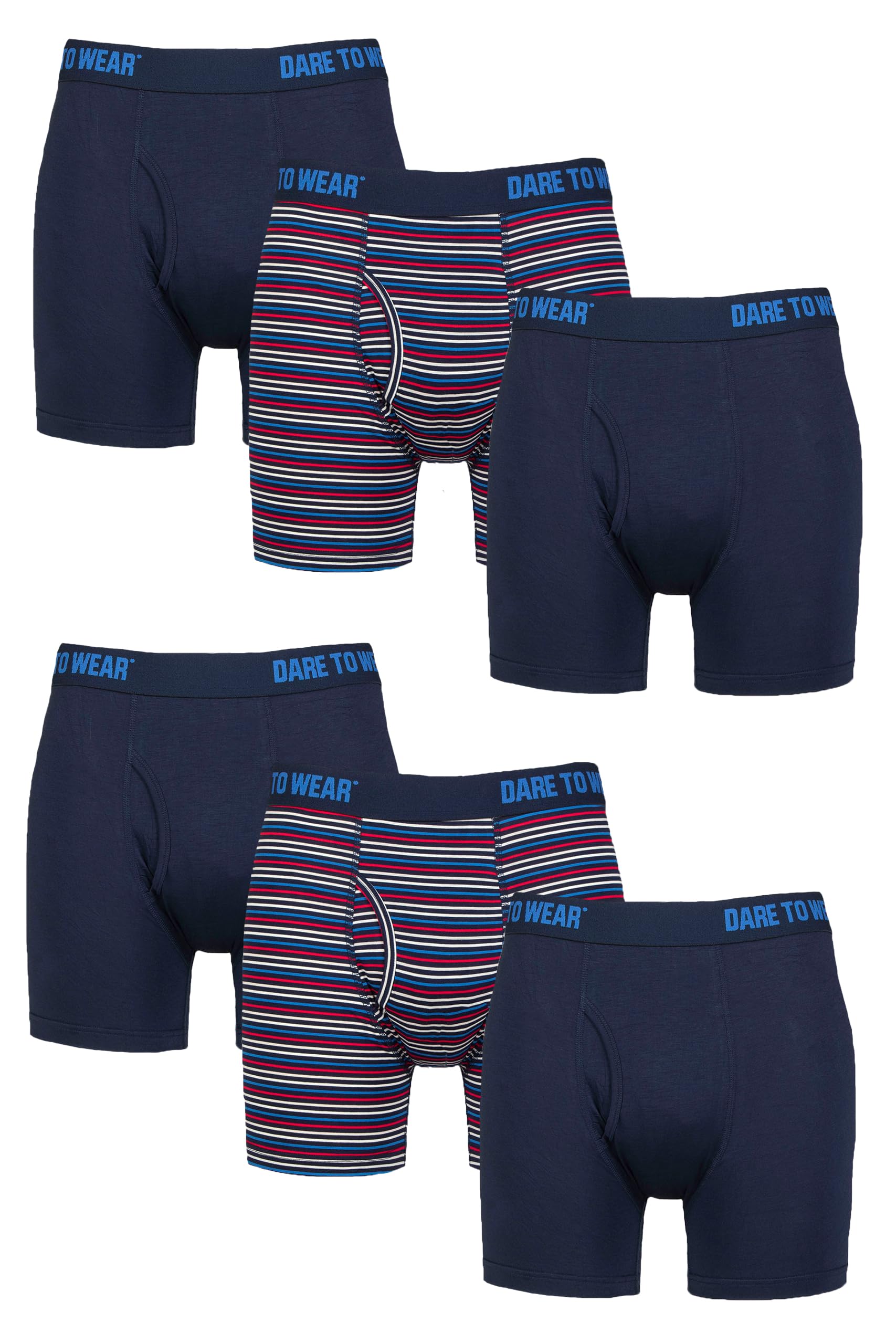 SockShop Dare to Wear Boxers - Mens Plain and Striped Soft Breathable Bamboo Keyhole Boxer Shorts in 6 Pair Multipack Dark Navy XL