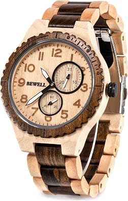 BEWELL Wood Watches for Men Analog Quartz Date Retro Handcraft Lightweight Wooden Wristwatch W154A