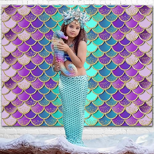Miniatura 3 de Telón de fondo de sirena para decoración de cumpleaños infantiles, telón de fondo de fiesta de cumpleaños de sirena, fondo de fotografía de escamas