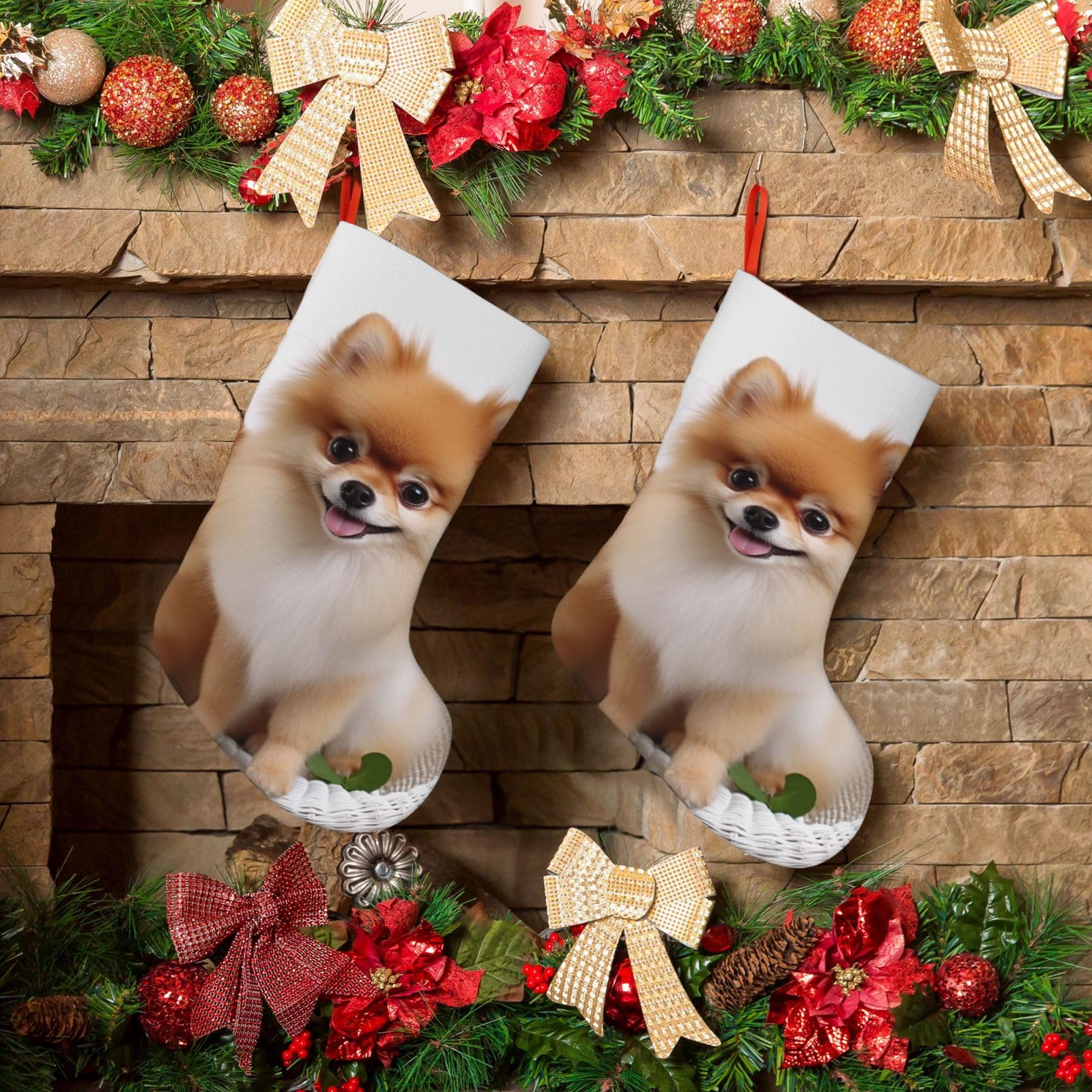 Cute Pomeranian Christmas Stockings 18 Inches Velvet Xmas Fireplace Hanging Stocking Rustic Christmas Santa Stockings for Home Christmas Decorations Party Favor Supplies