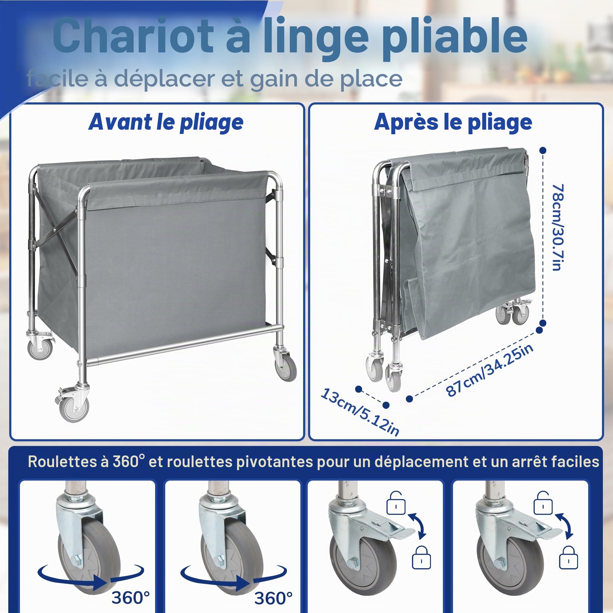 bimiti Chariot à linge en acier inoxydable - Panier à linge commercial avec roulettes - Pliable - Capacité de charge de 100 kg - Pour la maison, l'hôtel - 87 x 52 x 78 cm