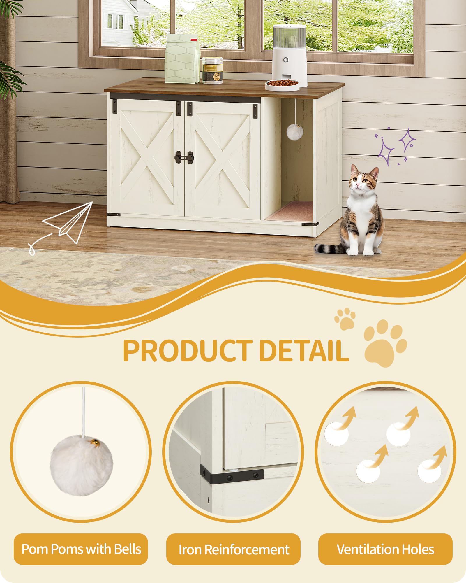 Hzuaneri Mobile Lettiera per Gatti, Mobile per Lettiera Gatto con Campana per Gatti, Casa per Gatto da Interno, 100 x 55 x 63 cm, per Corridoio, Camera da Letto, Marrone Rustico e Bianco CB85214X