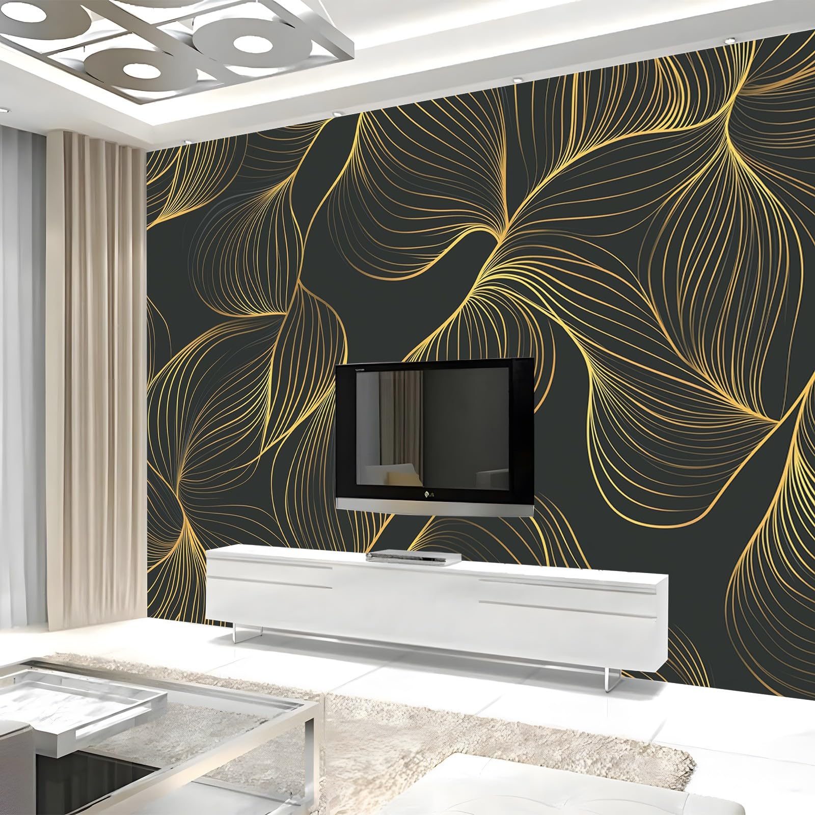 Tapeta 3D, geometryczne, złote rysunki liniowe, 350 x 256 cm, tapeta na flizelinie, tapeta ścienna, druk 3D, fototapety, do salonu, sypialni, tapeta z motywem