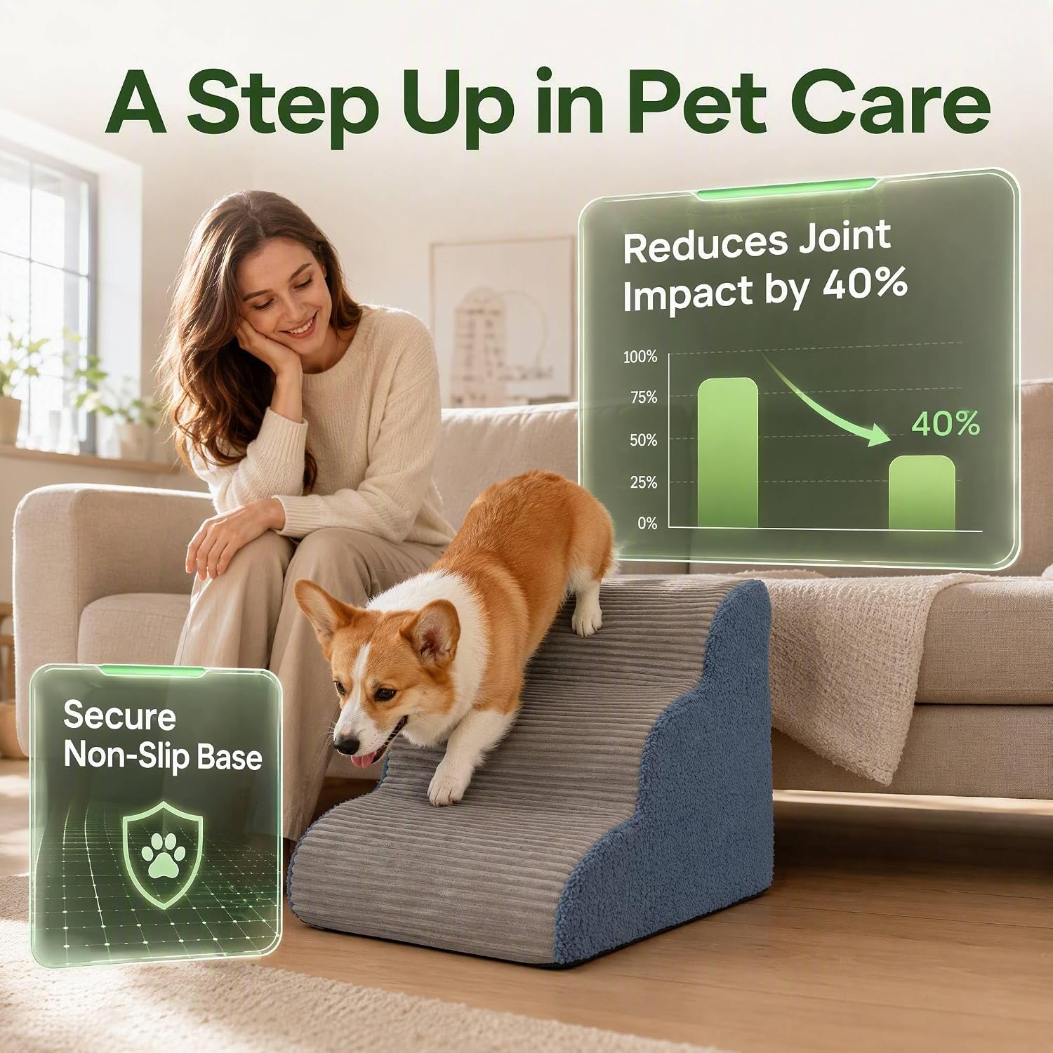3-Step Foam Dog Stairs for Bed & Couch, 16" H,Grey | Gentle slope, protects patella, 30D foam, non-slip Oxford base, 24x16x16inch, washable corduroy
