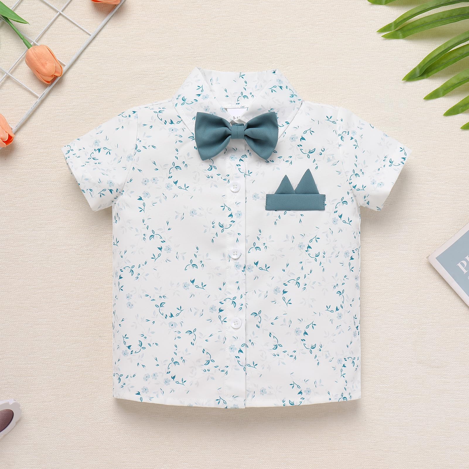 IBTOM CASTLE Toddler Baby Boy Dress Suit Formal Short Sleeve Floral Shirt with Bowtie Suspender Pant Summer Wedding Guest Ring Bearer Graduation Outfit Christmas Photoshoot Blue 9-12 Months