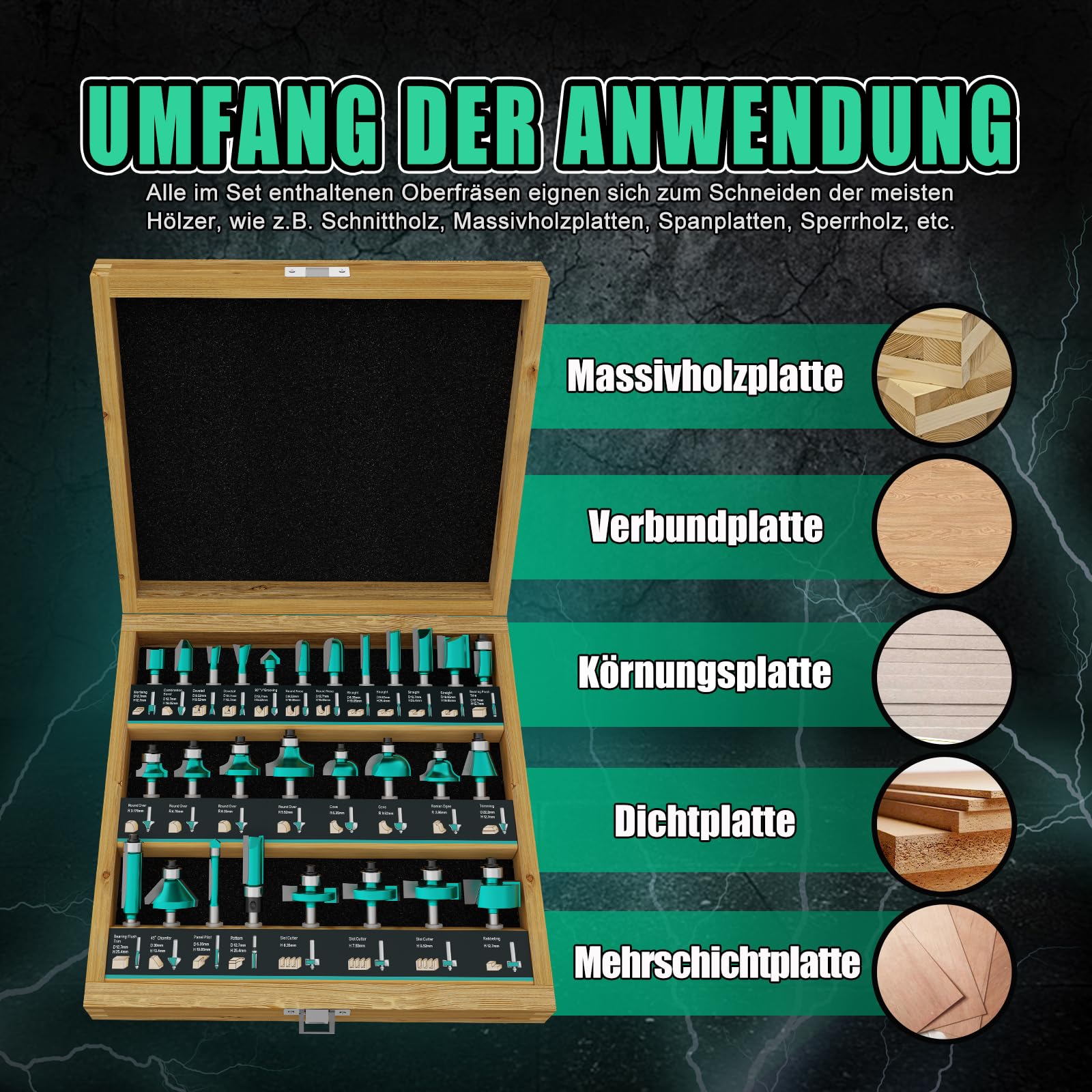 CSOOM 30-teiliges professioneller Fräser-Set für Holzbearbeitung mit Ersatzlagern, geeignet für 8mm Schaft, Hartlegierungsklingen, Holzbearbeitungswerkzeuge, verpackt in stabilen Holzkisten