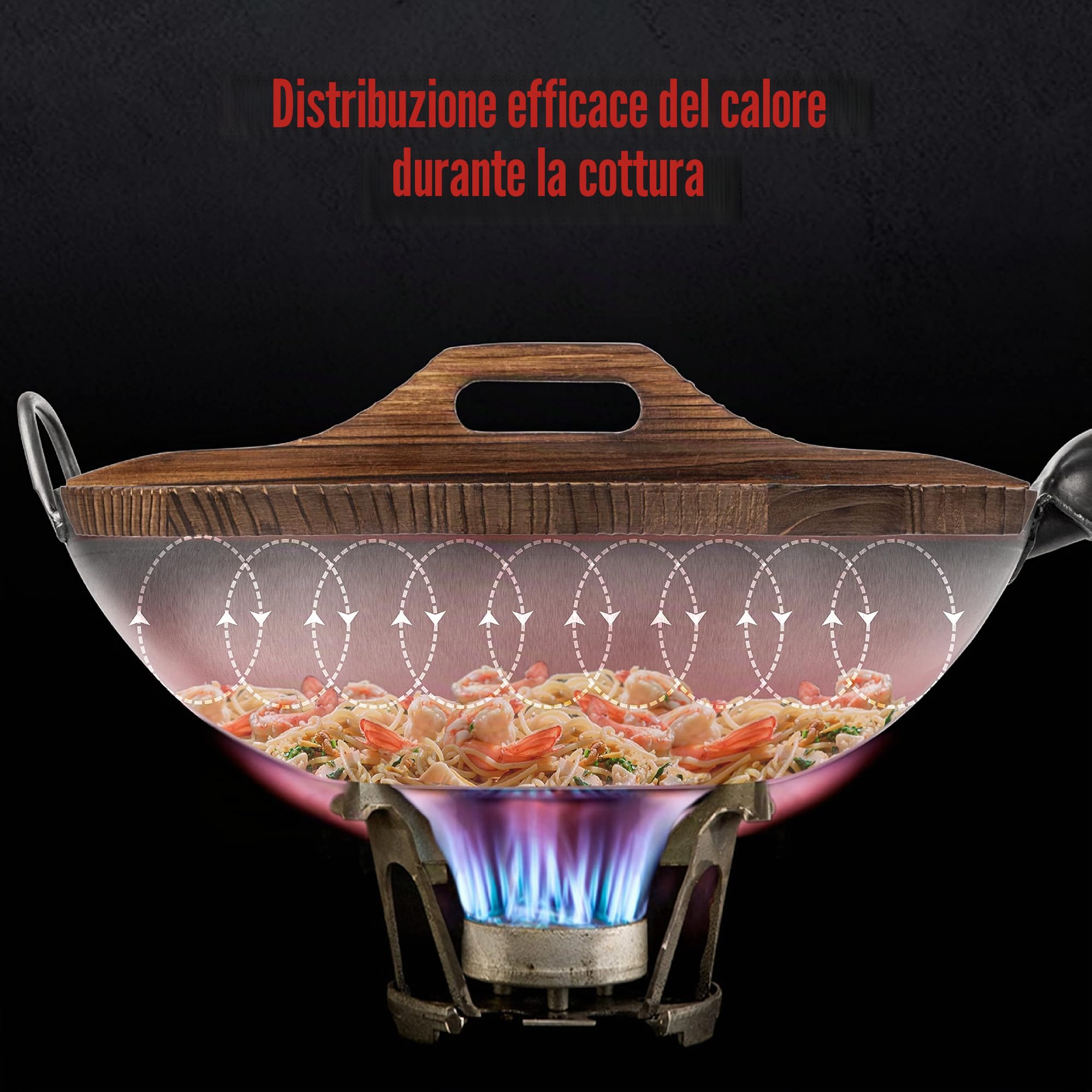 YOSUKATA Wok Padella Professionale 34 cm - Tradizionale Wok Acciaio al Carbonio Blu Fondo Piatto Precondizionato + Coperchio In Legno Per Wok 34 Cm