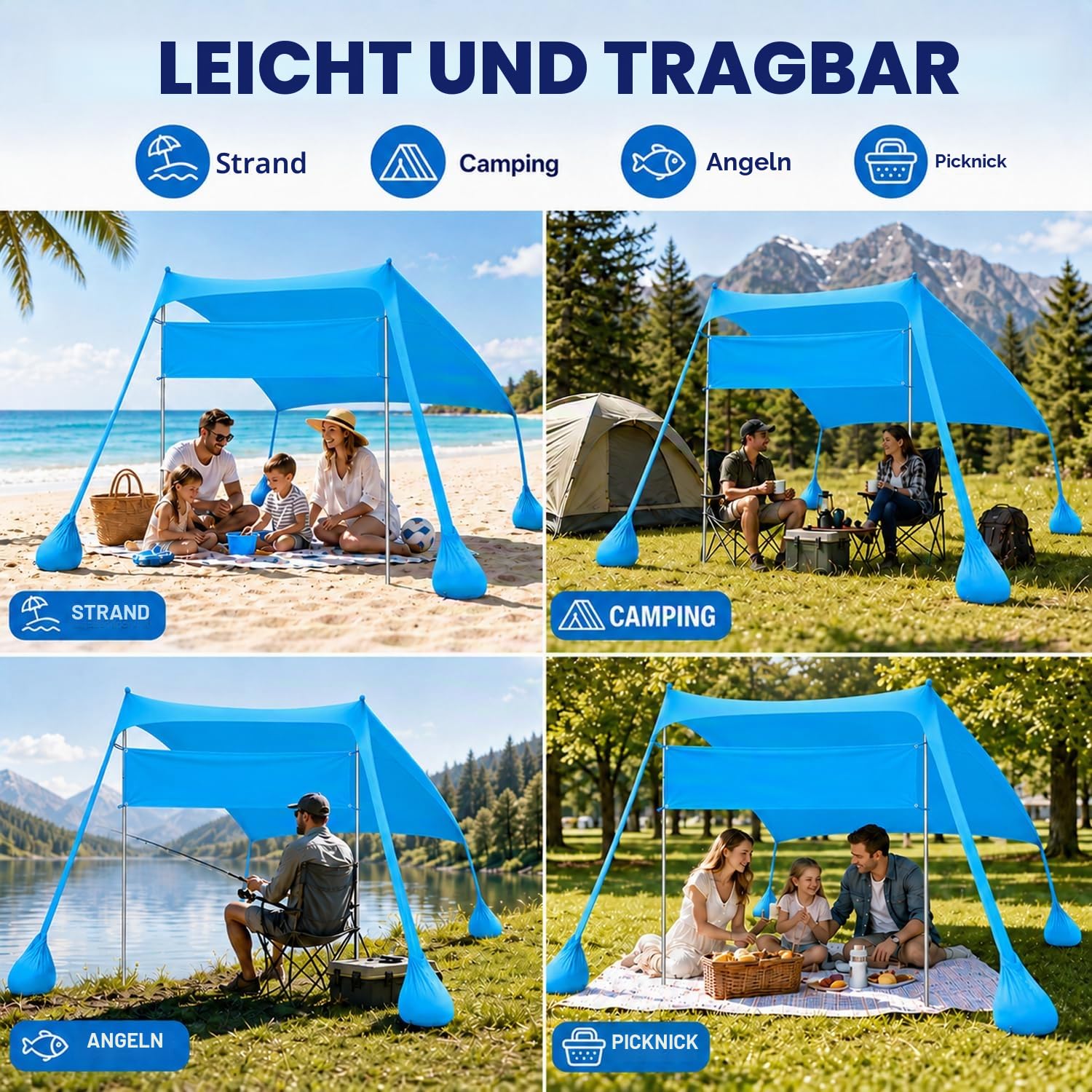 Strandzelt – Sonnensegel Strand 2.1x2.1m mit UV Schutz UPF50+, windstabil & leicht, Strandmuschel mit Sandschaufel, Heringen und Stabilitätsstangen, Blau