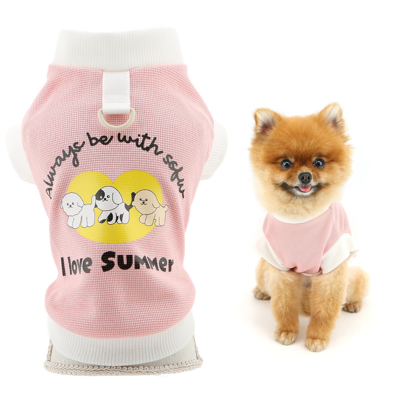 SMALLLEE_LUCKY_STORE Knitted Waffle Dog T-Shirt for Extra Small and Small Dog Pet Pullover with Cute Doggie Printed Puppy Stretchable Spring Summer Shirt Chihuahua Yorkie Cat Clothes, Pink, S