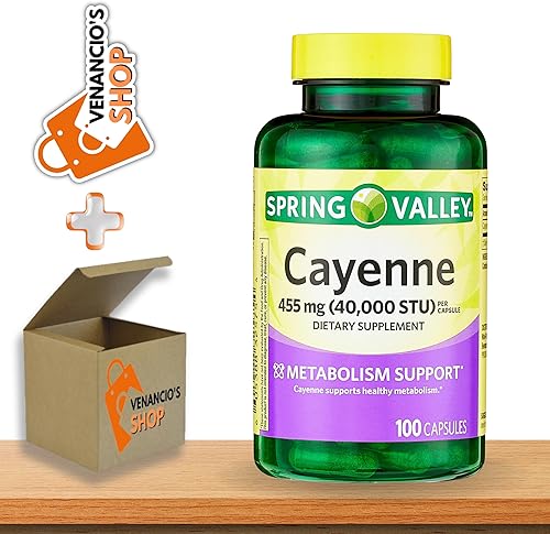 Spring Valley - Cápsulas de cayena de 455 mg (fruta de cayena - 40,000 STU), suplemento dietético, apoyo a base de hierbas + incluye adhesivo
