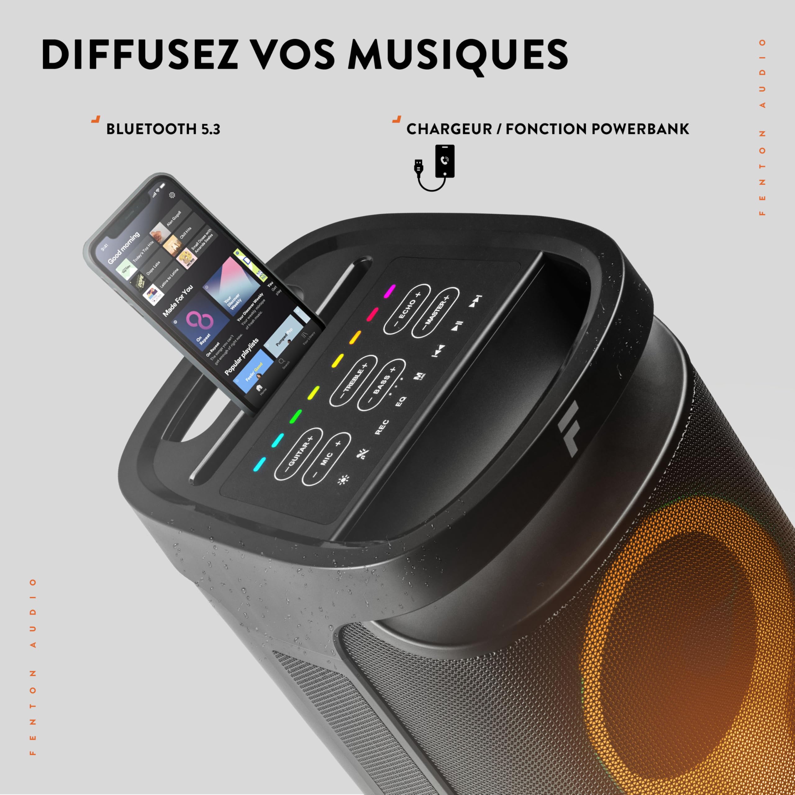 Fenton Pulse130 Enceinte de Soirée Lumineuse Bluetooth - 260 Watts, Batterie Longue Autonomie 12H, Résistance aux Éclaboussures IPX4, Idéale pour Toutes Vos Soirées en Intérieur ou Exterieur