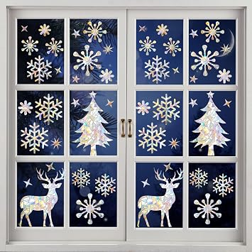 Christmas Snowflake Window Clings, 2 Sheets Iridescent Static Xmas Decals, Non Adhesive Prismatic Anti Collision Rainbow Stickers for Decor