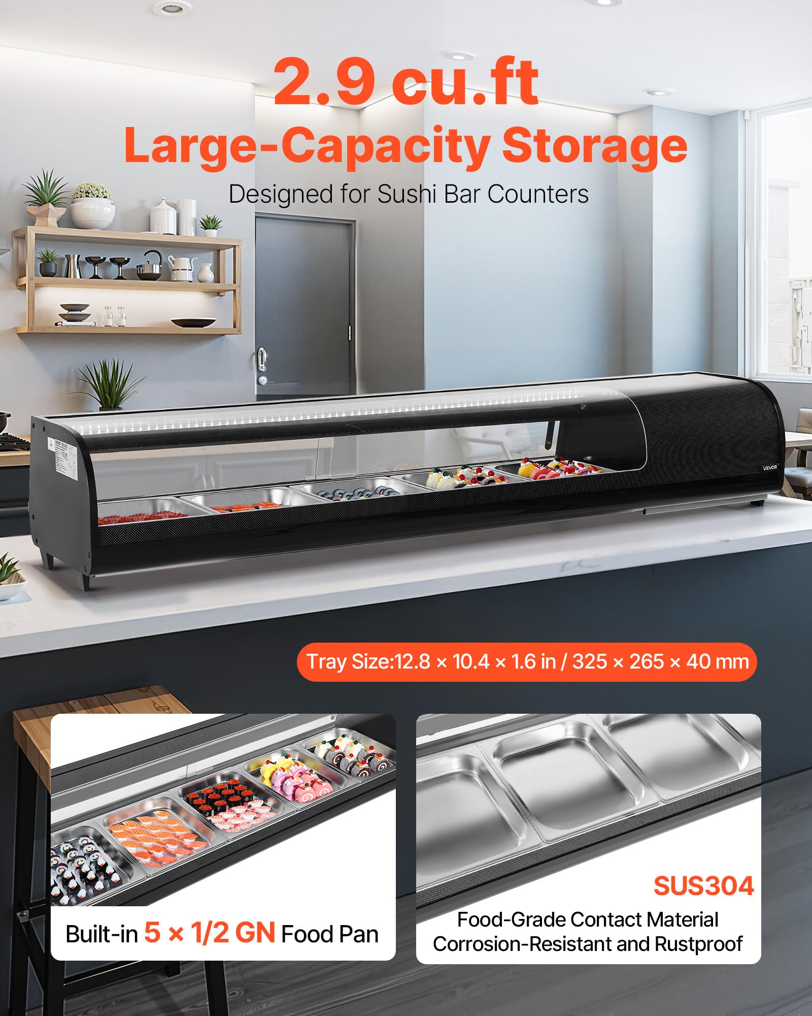 VEVOR Vetrina Refrigerata per Sushi Commerciale da 82 L, 5 Teglie con Vetro Curvo, Illuminazione a LED e Controllo Digitale della Temperatura, Frigorifero per Bancone Ristorante Negozio