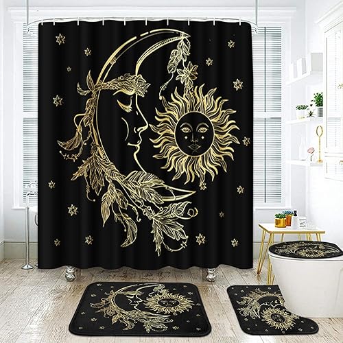 ArtSocket Juego de baño Golden Moon Sun con cortina de ducha y alfombras, accesorios de estrellas, fondo negro, cortina de ducha de verano para