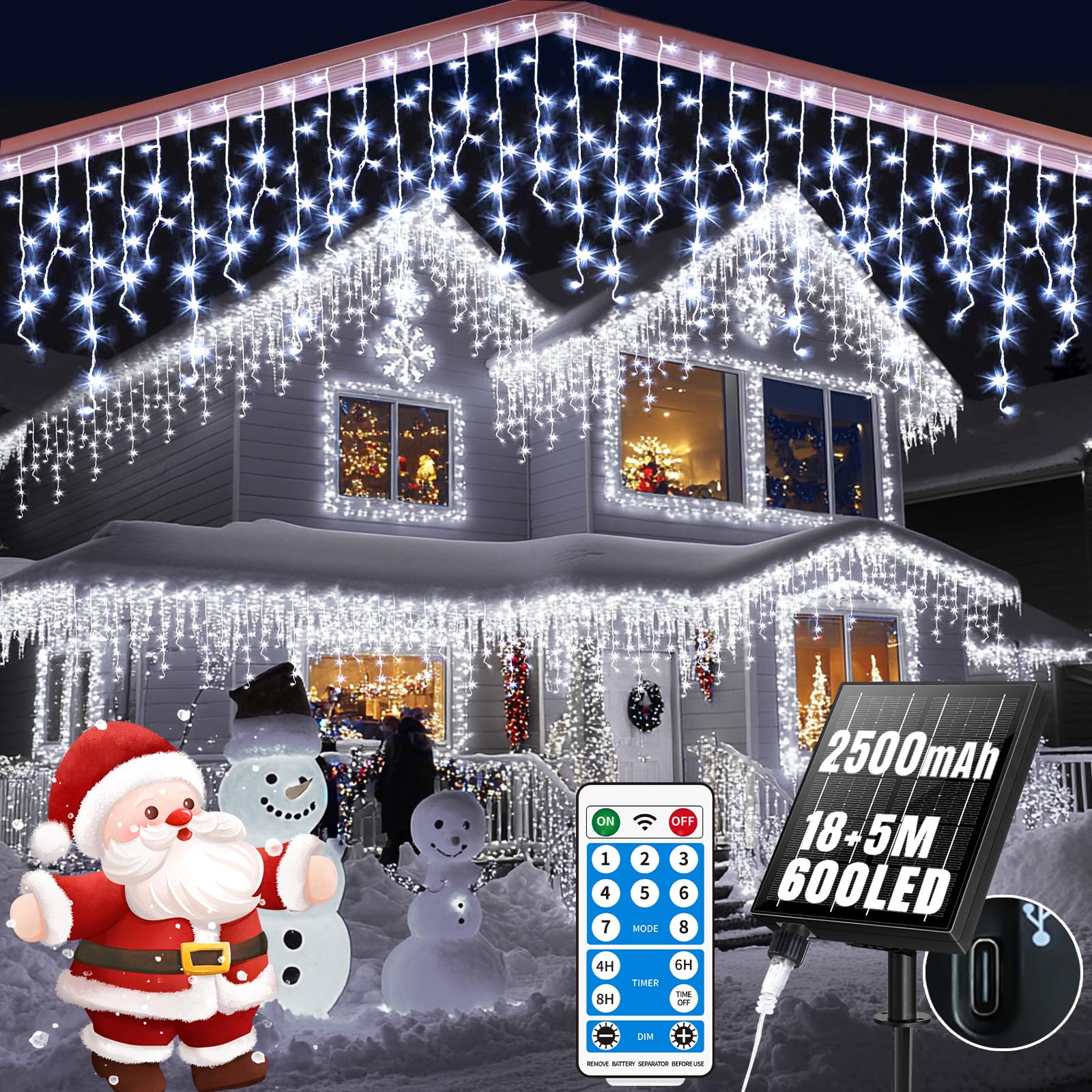RJEDL 2500mAh Solari Luci di Natale da Esterno,18+5M 600LED Impermeabile Luci Natalizie da Esterno Cascata,Con 8 Modalità &Timer e Memoria Luci di Natale da Esterno per Balcone Finestra Casa Ringhiera