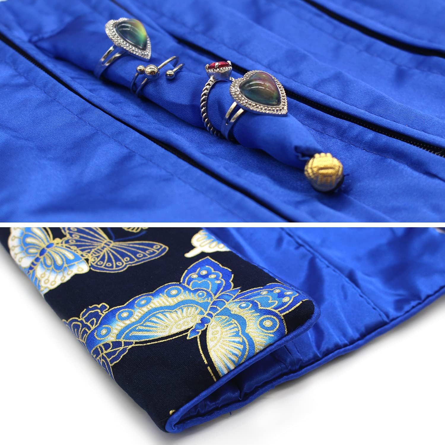 SmilerSmile Jewelry Travel Bag Embroidery Travel Jewelry Organizer with Tie Close Embroidered Flower Jewelry Roll for Women Girls (Butterfly/D Blue)