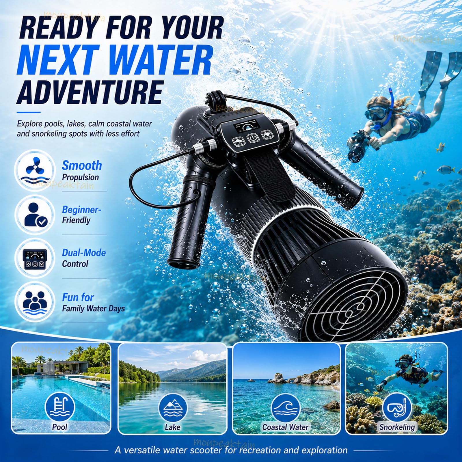 Scooter Submarino Para Buceo, 500 W, 9 Velocidades, Mando Remoto | 3-9 Km/H, Batería De 16000 Mah, Control Con Cable E Inalámbrico, Compatible Con Sup Y Kayaks Seleccionados