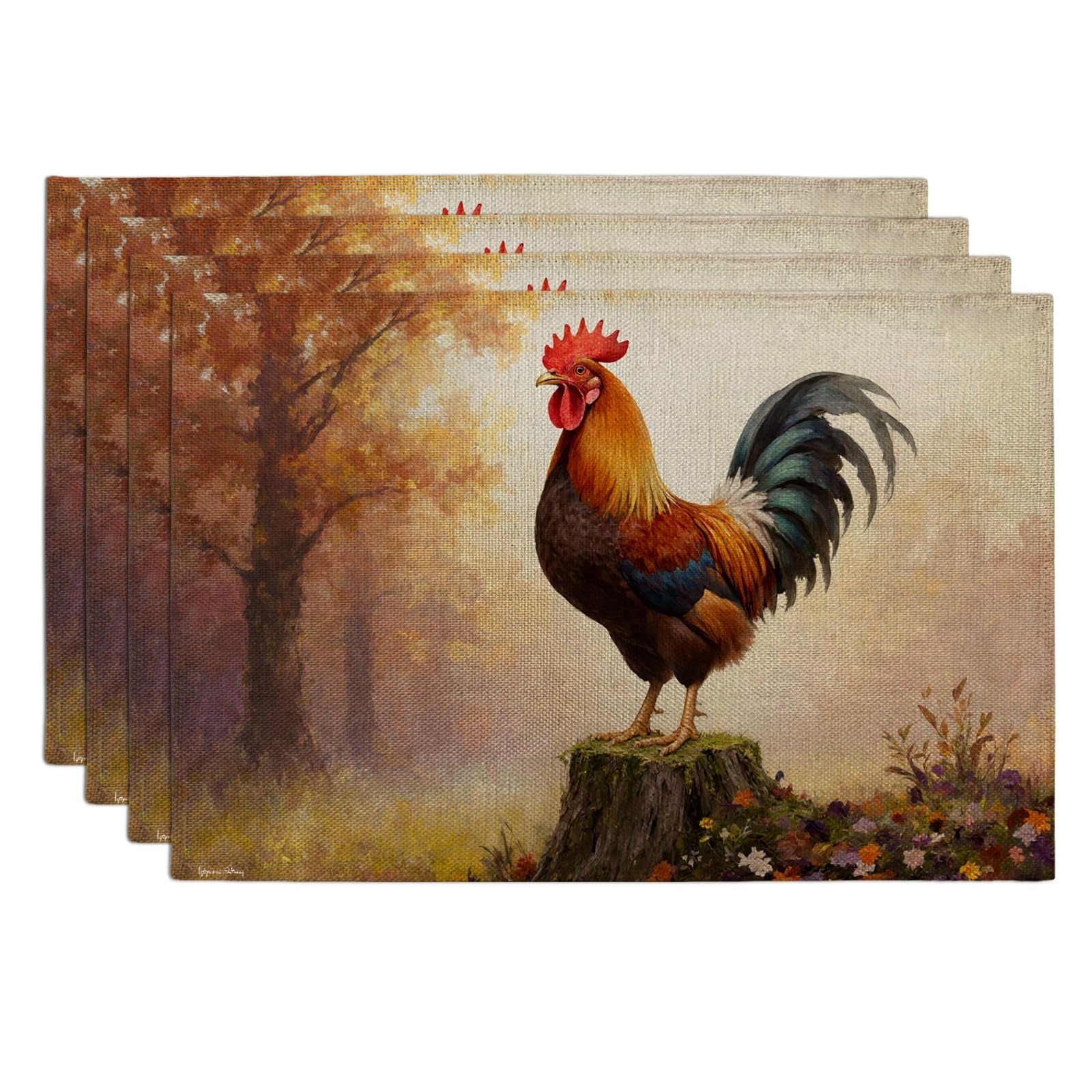 Rooster Placemats, Rustic Autumn Farmhouse Table Mats for Dining, Seasonal Non-Slip Washable Indoor Outdoor Kitchen Party Decorative Placemat Set of 4