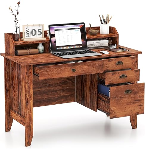 Miniatura 25 de WATERJOY Escritorio para computadora de 48 pulgadas con 4 cajones de almacenamiento y mesa ejecutiva de madera para mesa de computadora portátil