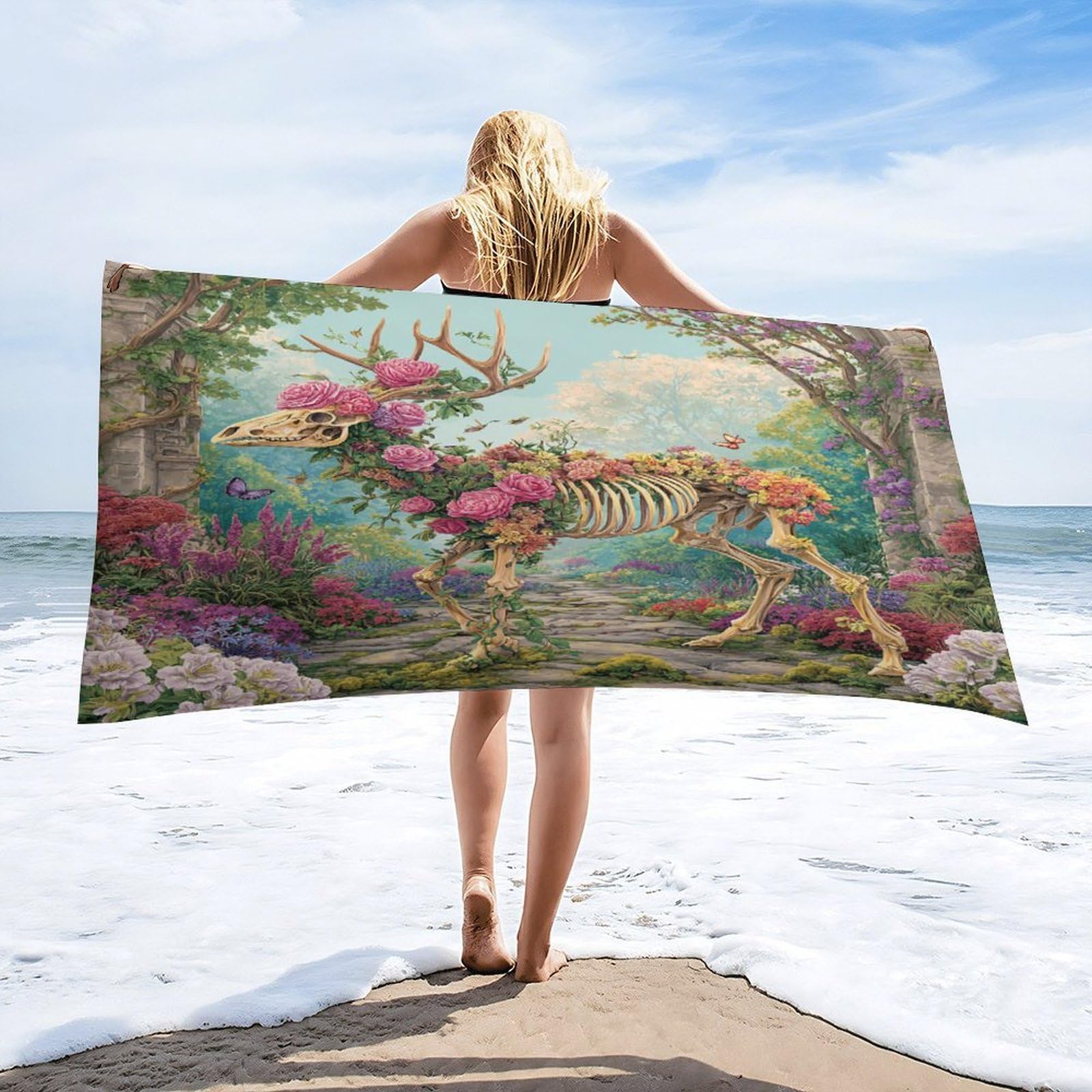 Luyysky Vintage Realistic Deer Skull Absorbent Beach Towel, Beautiful Abstract Spring Garden Pink Roses Flowers Animal Elk Skeleto Outdoor Single-Sided Velvet Beach Towel-80 W Cm X 160" L Cm
