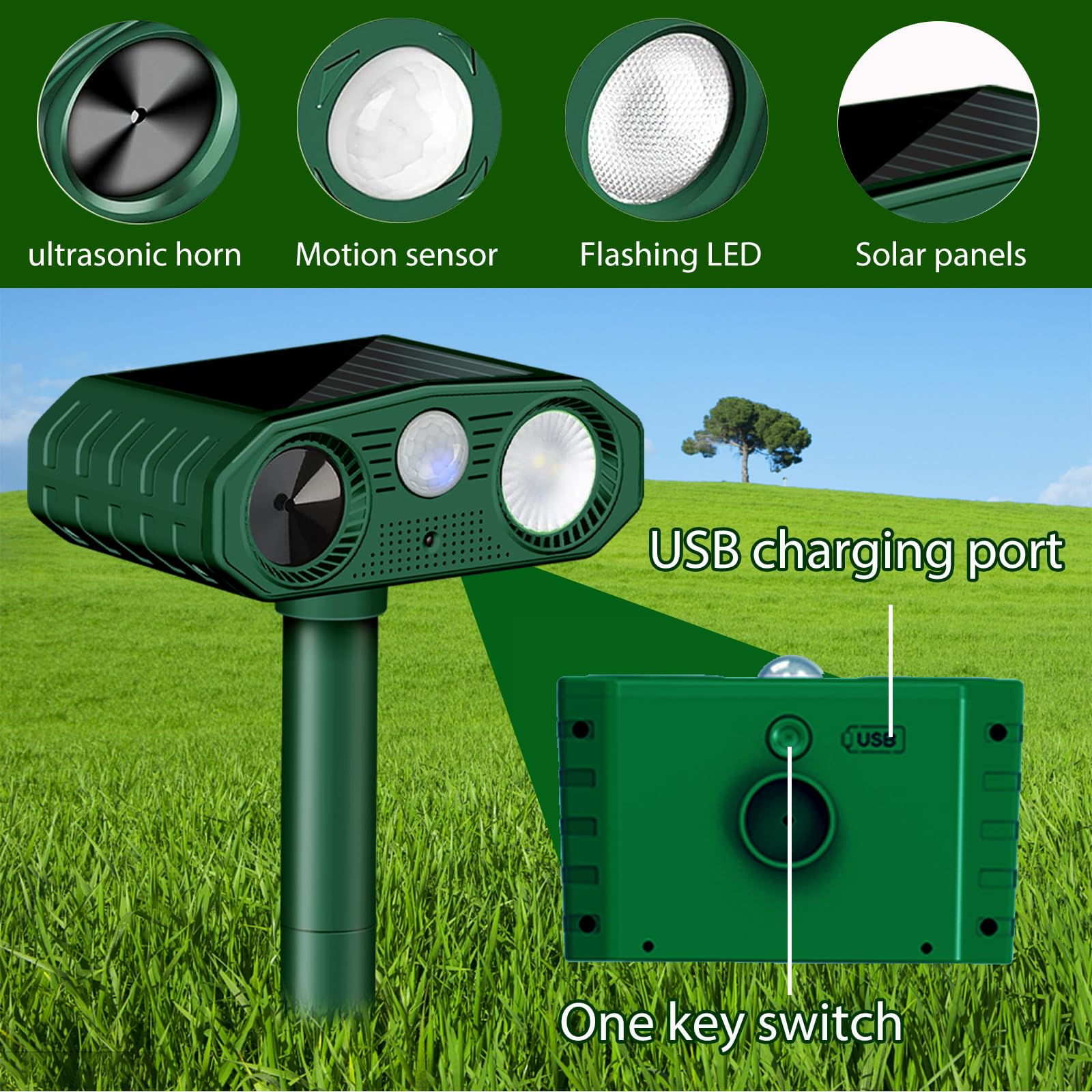 Répulsif Chat Ultrason, 3 Modes Repulsif Chat Solaire & Solaire et USB Répulsif Animaux, IP54 Étanche Repulsif Chat Exterieur avec Détecteur et Flash pour Chats Chiens Souris Ratons Animaux de Jardin