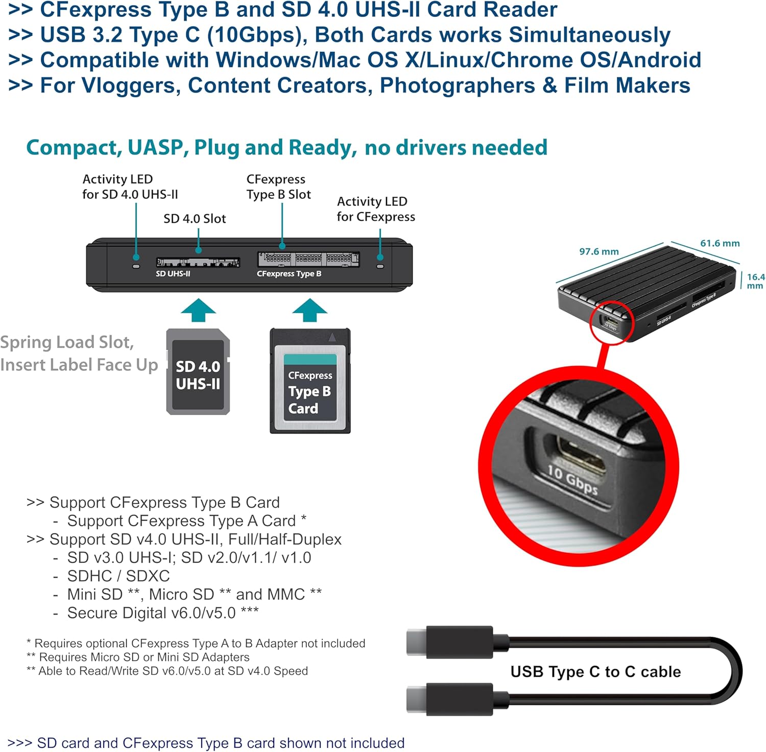 Vantec Card Reader with USB 3.2 Gen2x1 (10Gbps) for CFexpress Type B and SD 4.0 UHS-II, Dual LUN with The Capability to Read/Write simultaneously Between Cards (UGT-CR702)