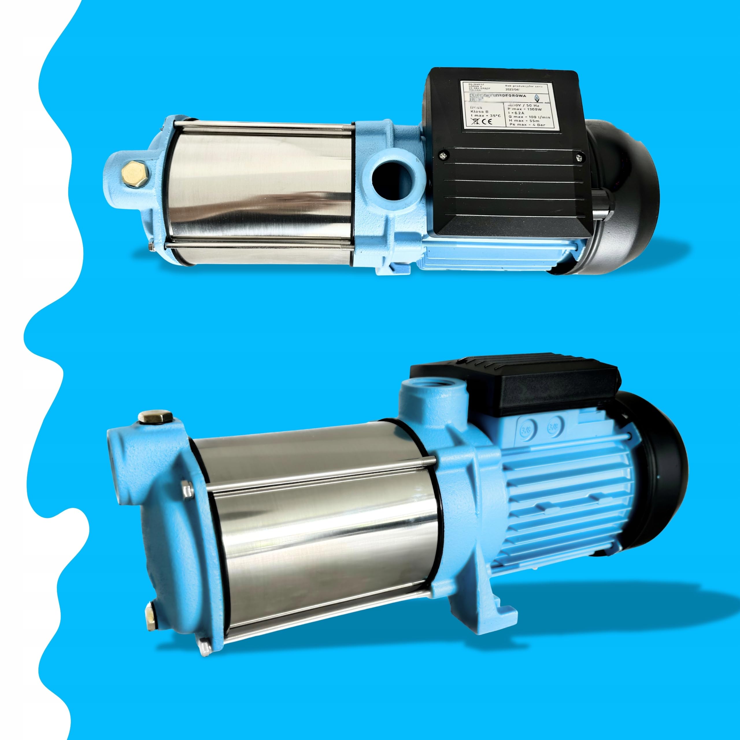 Pompe à Eau MAX-H 1300 1300W 6000 l/h Hauteur 55 m Pompe de Surface Multicellulaire Auto-amorçante 5 TURBINES INOX Jardin Arrosage