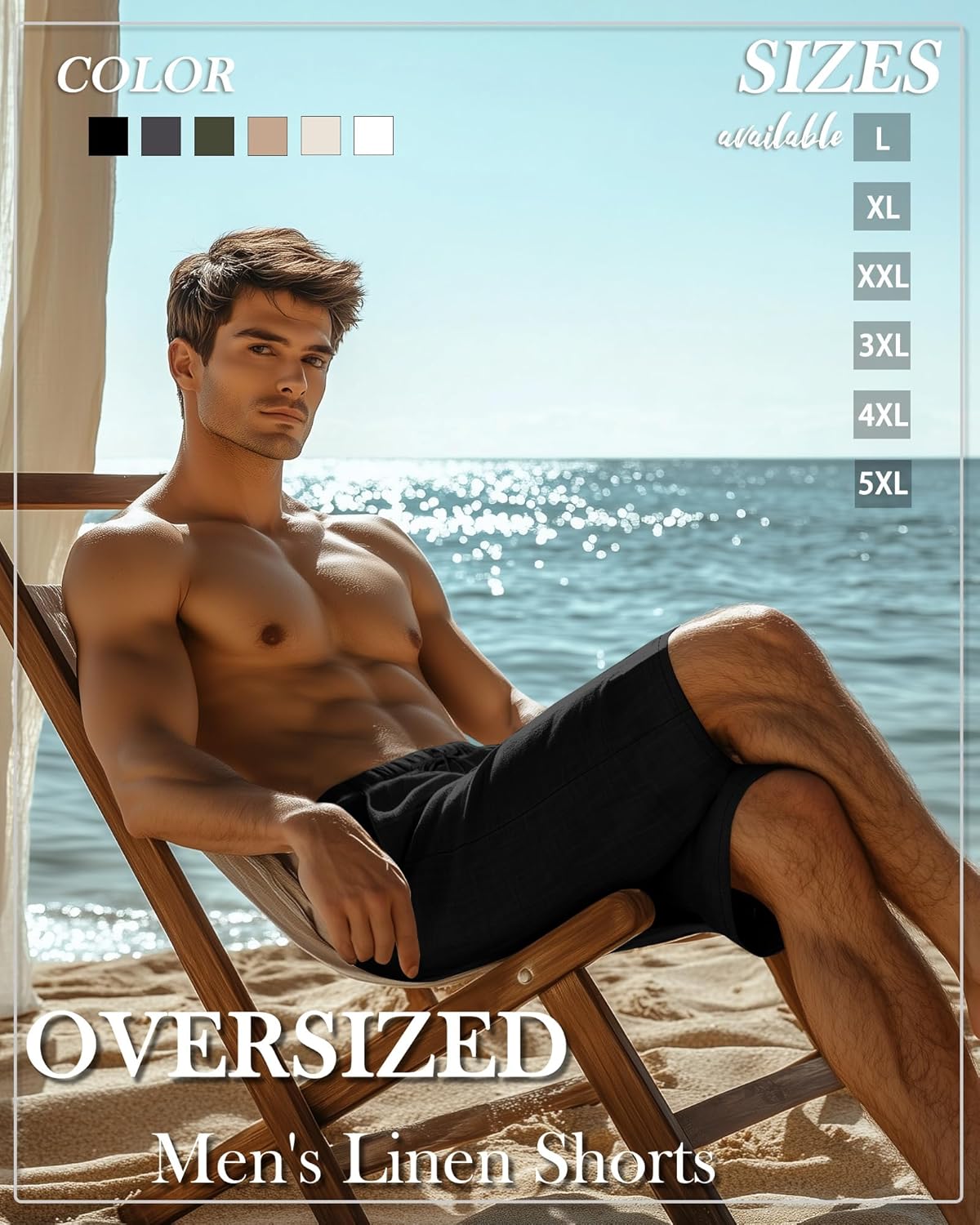 Neer 2 Pack Men's Big and Tall Linen Shorts, Casual Elastic Waist Beach Shorts Summer Drawstring Wears with Pockets - Image 2