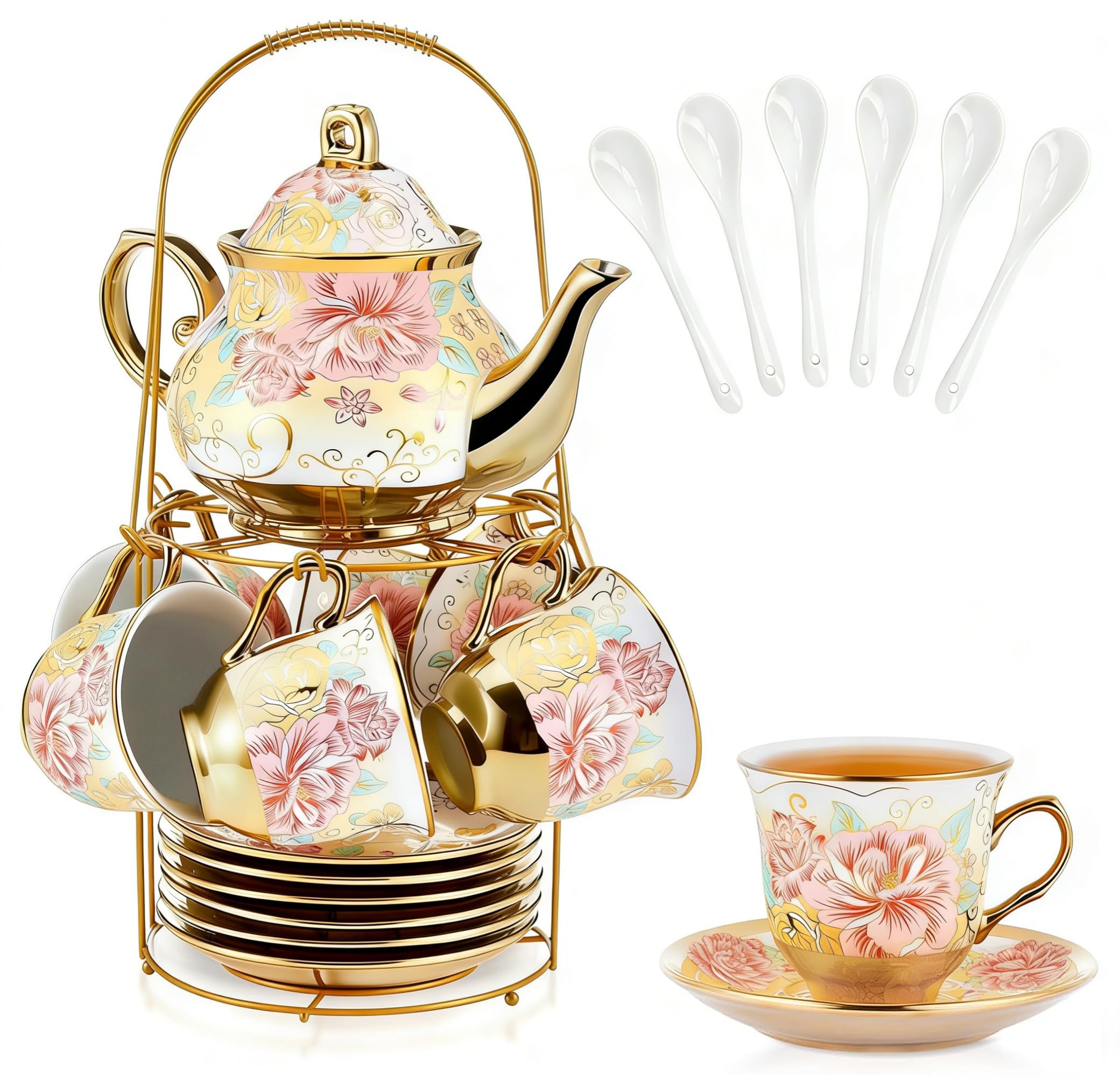 Hebaogugu 20 Pcs Porcelain Tea Set for Adults, 700 ml Rose Gold European Tea Set with Teapot for Afternoon Tea & Party, Floral Tea Cup Saucers Set with Metal Holders (Rose Gold,700ml)